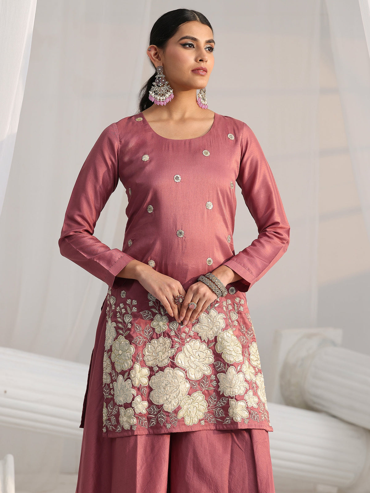 Anouk Mauve Pink Floral Embellished Silk Blend Palazzo Suit Set