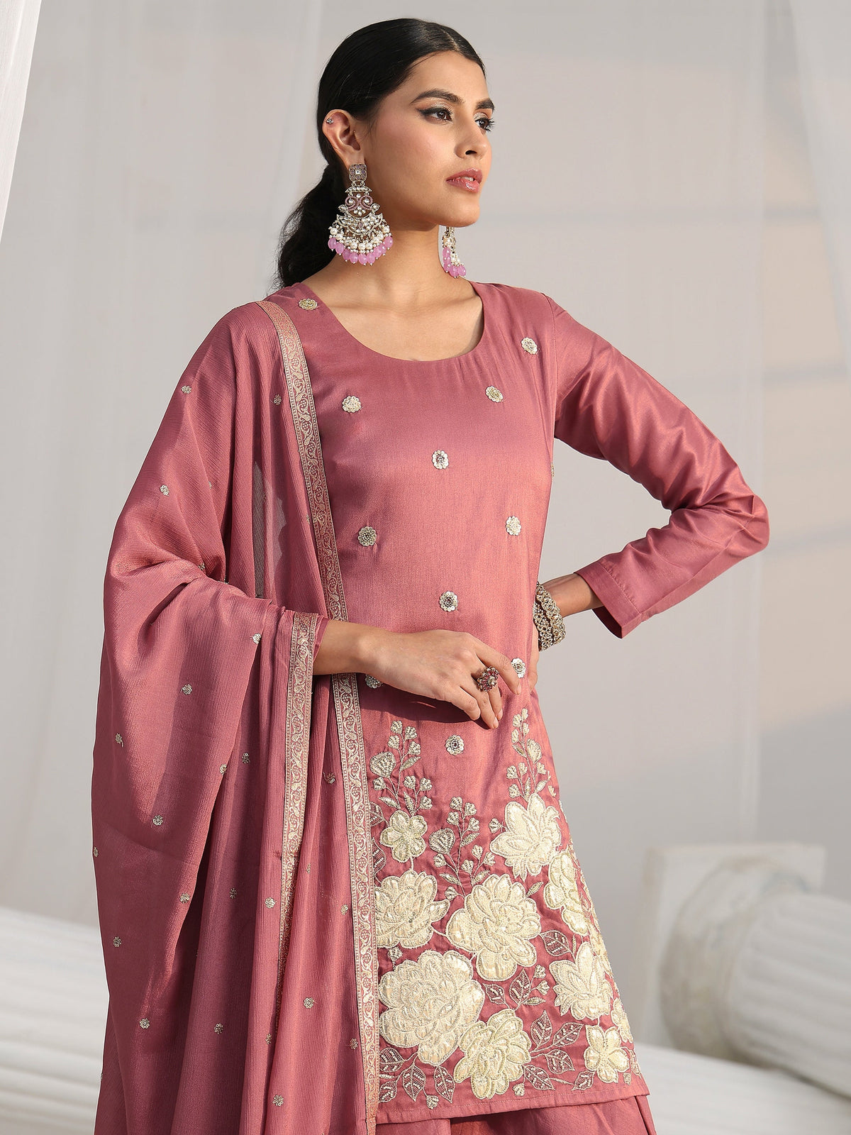 Anouk Mauve Pink Floral Embellished Silk Blend Palazzo Suit Set