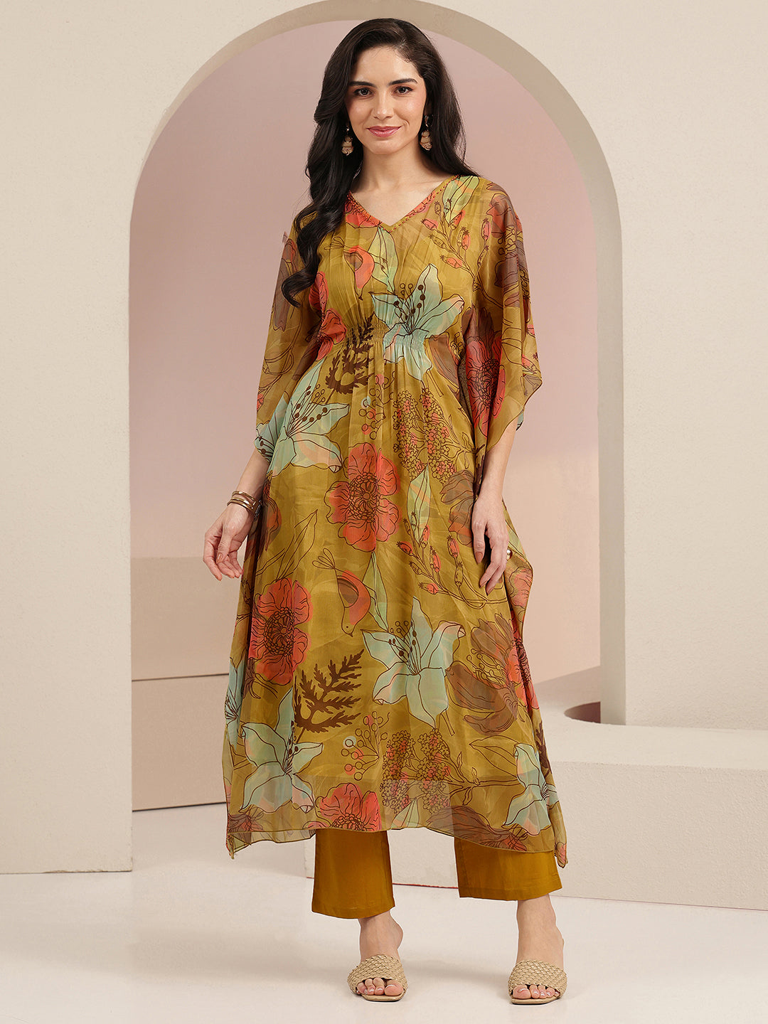 Anouk Mustard Floral Printed 3 Piece Chiffon Kaftan Kurta Set