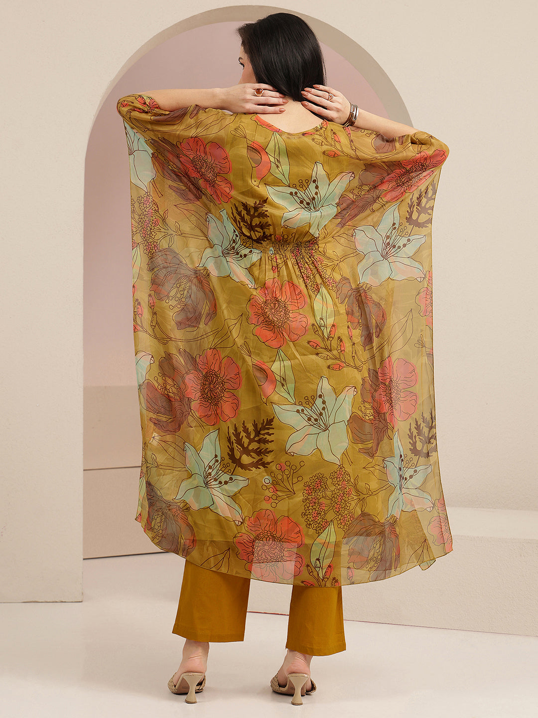 Anouk Mustard Floral Printed 3 Piece Chiffon Kaftan Kurta Set