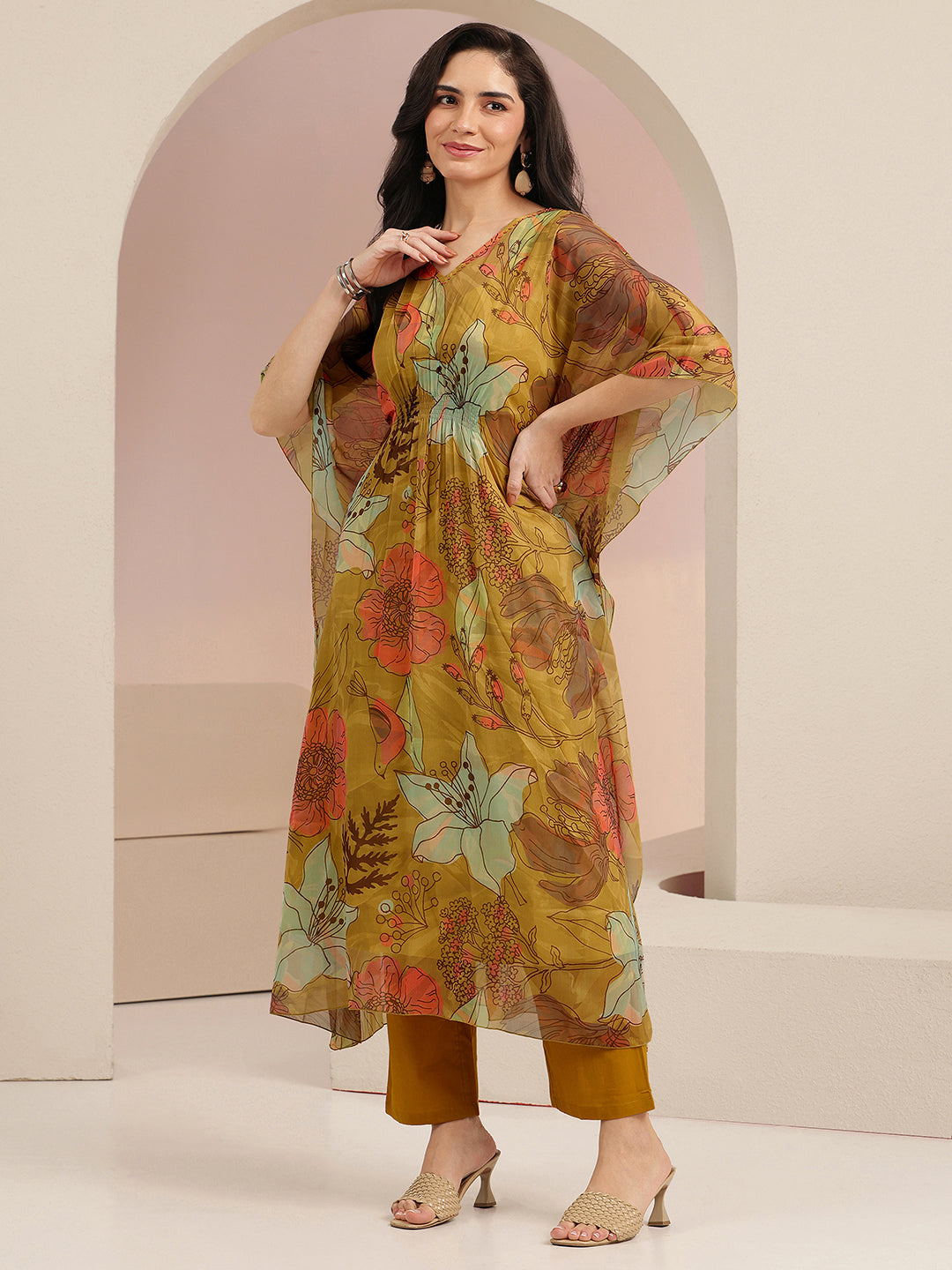 Anouk Mustard Floral Printed 3 Piece Chiffon Kaftan Kurta Set