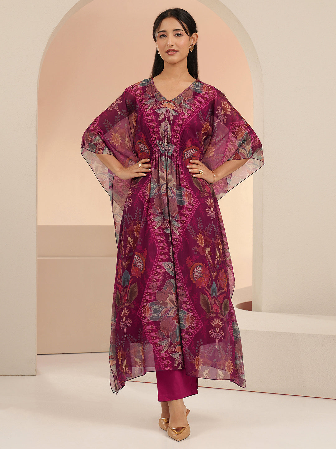 Anouk Burgundy Floral Printed 3 Piece Chiffon Kaftan Kurta Set