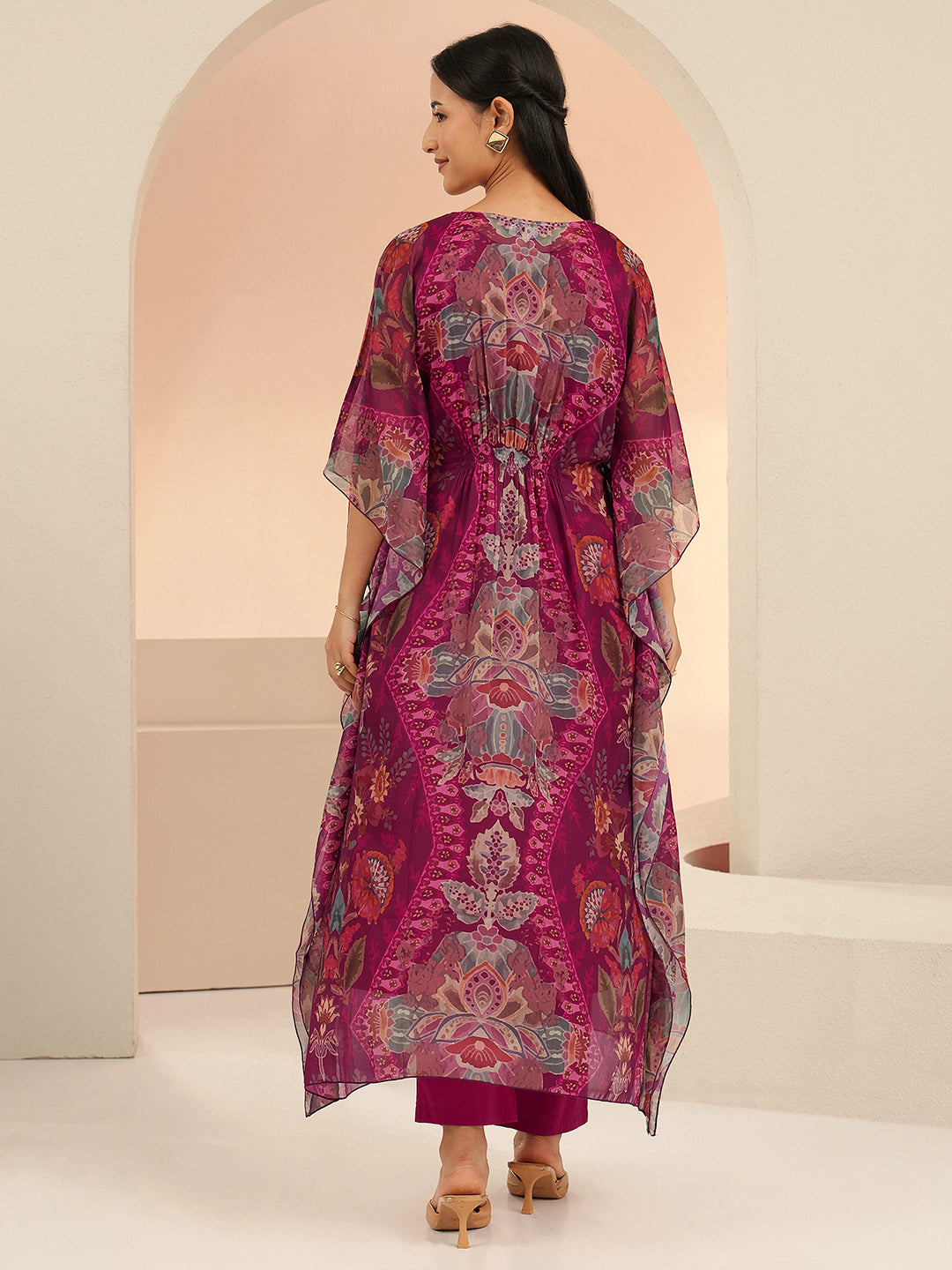 Anouk Burgundy Floral Printed 3 Piece Chiffon Kaftan Kurta Set