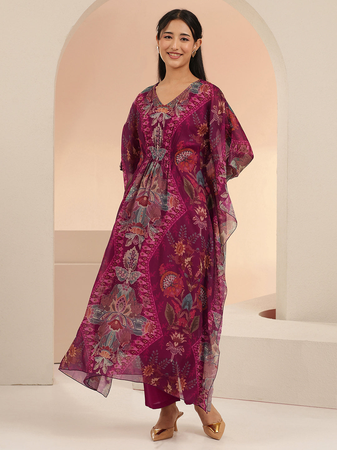 Anouk Burgundy Floral Printed 3 Piece Chiffon Kaftan Kurta Set