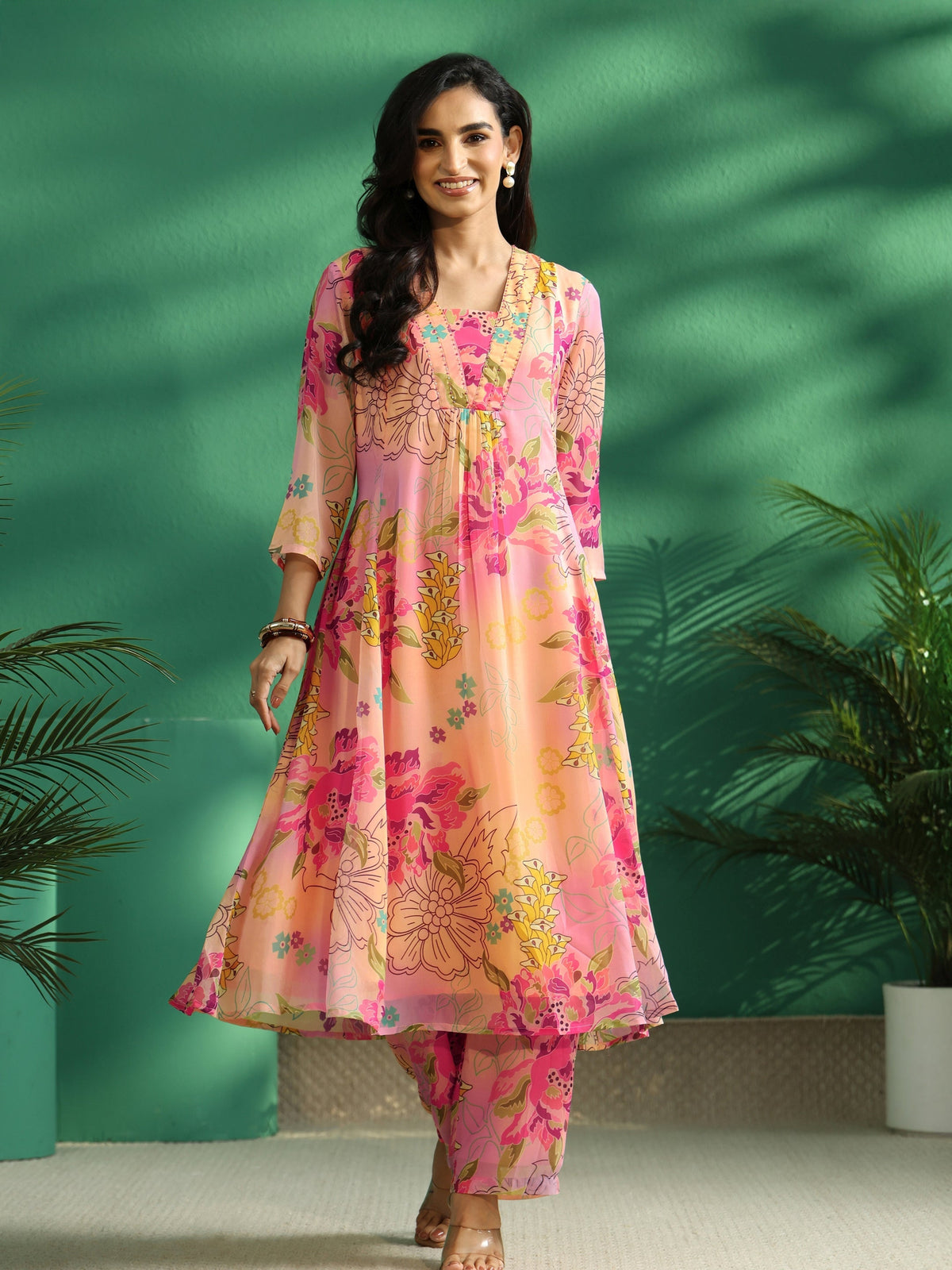 Anouk Pink Floral Printed Chiffon A-Line Kurta Set