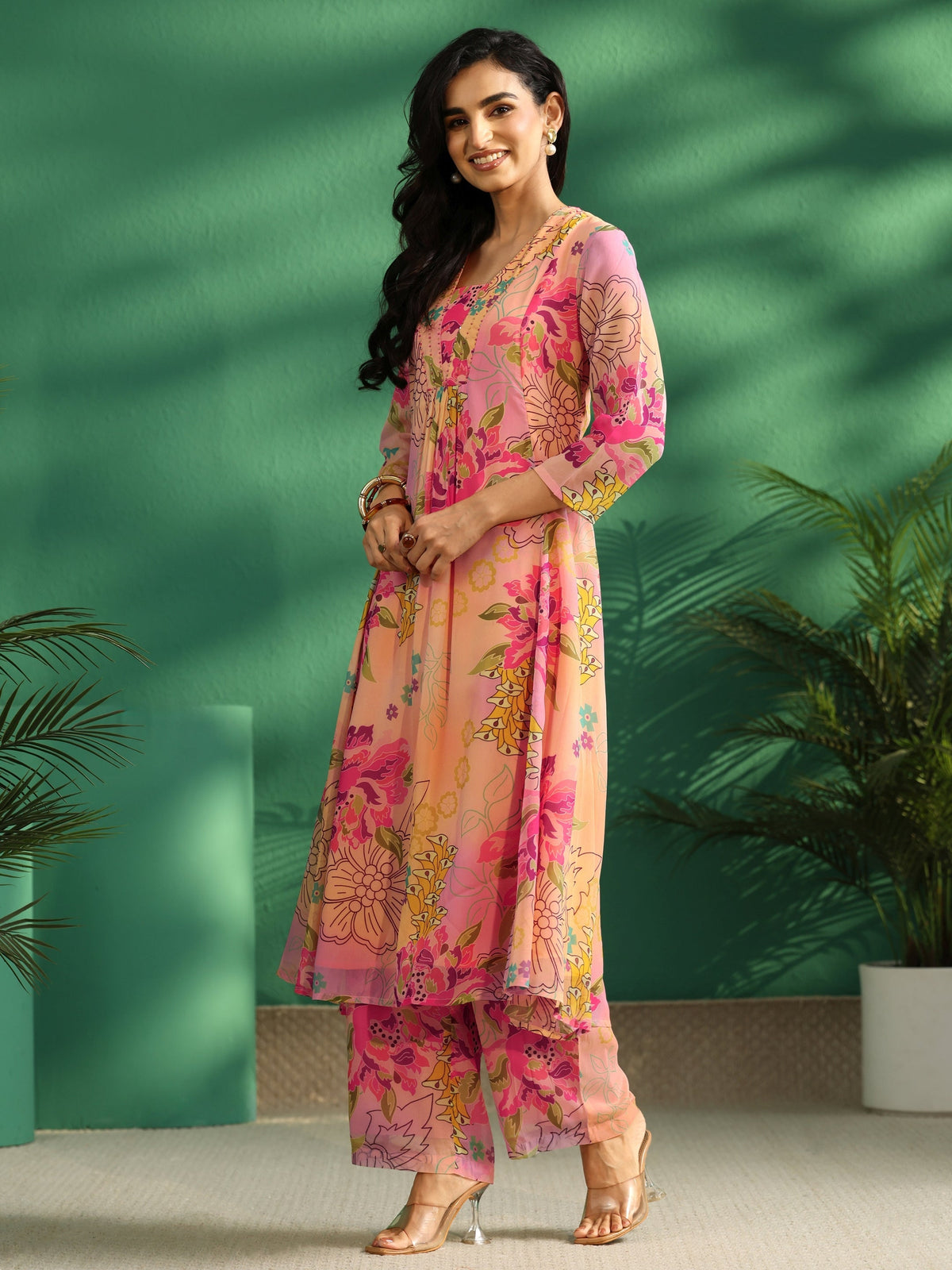 Anouk Pink Floral Printed Chiffon A-Line Kurta Set