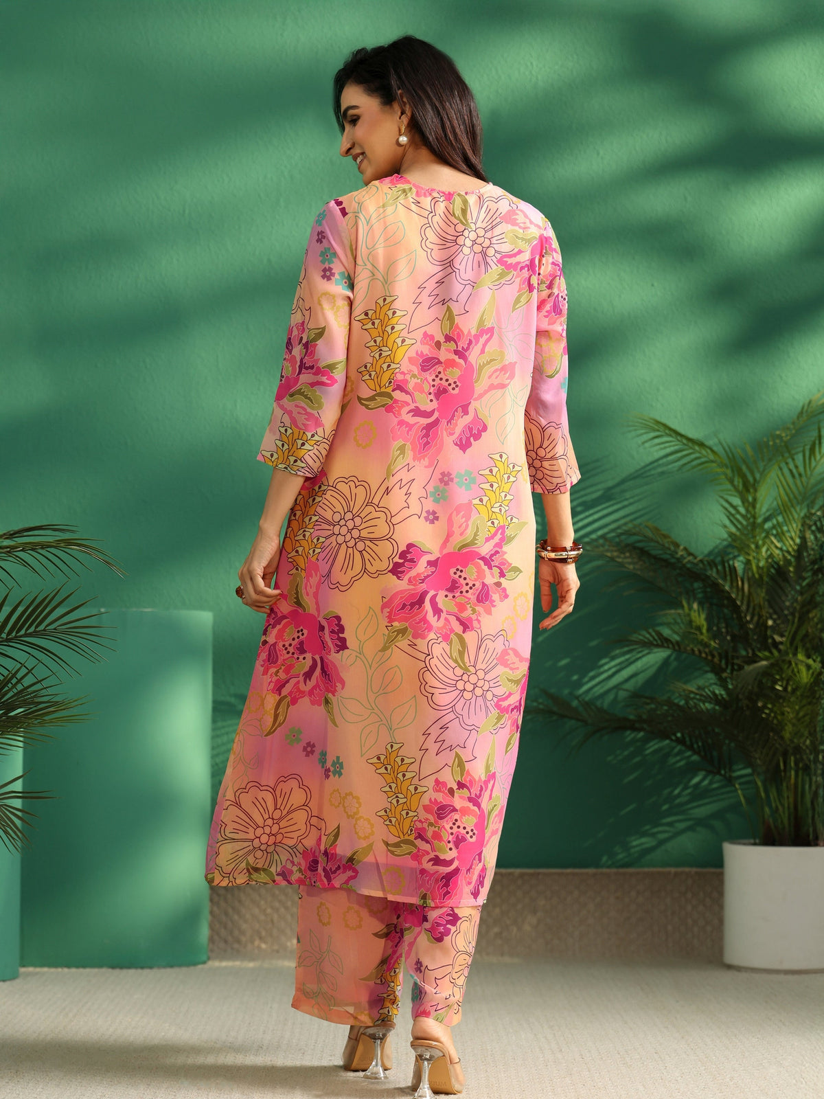 Anouk Pink Floral Printed Chiffon A-Line Kurta Set