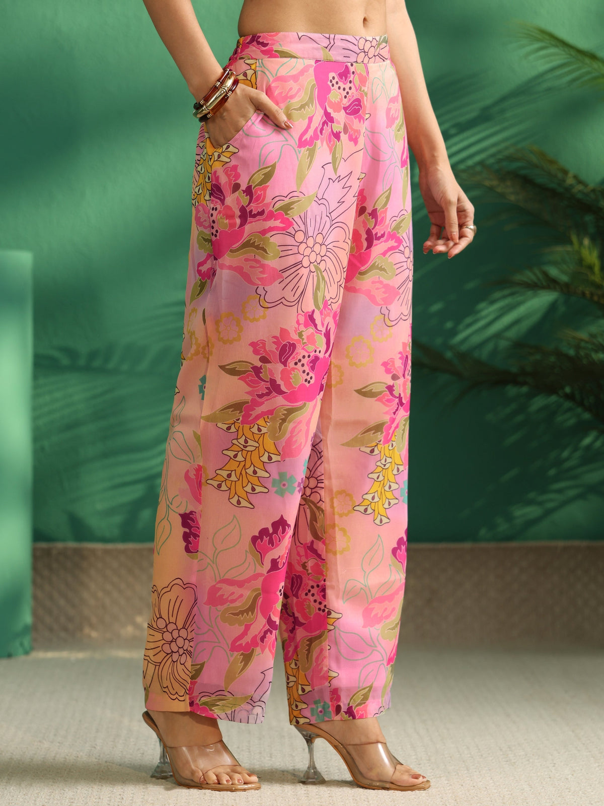 Anouk Pink Floral Printed Chiffon A-Line Kurta Set