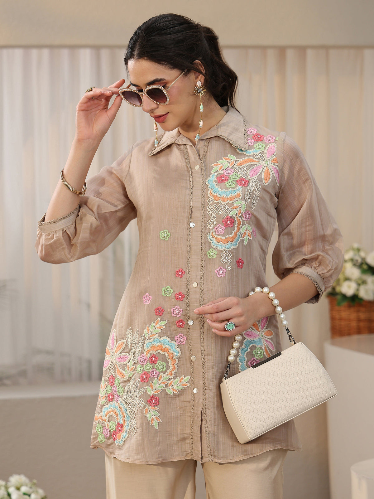 Anouk Beige Floral Embroidered Chanderi Cotton Co-Ord Set