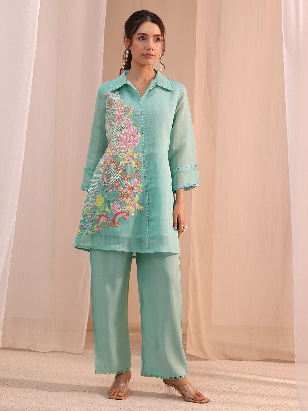 Anouk Blue Floral Embroidered Chanderi Cotton Co-Ord Set