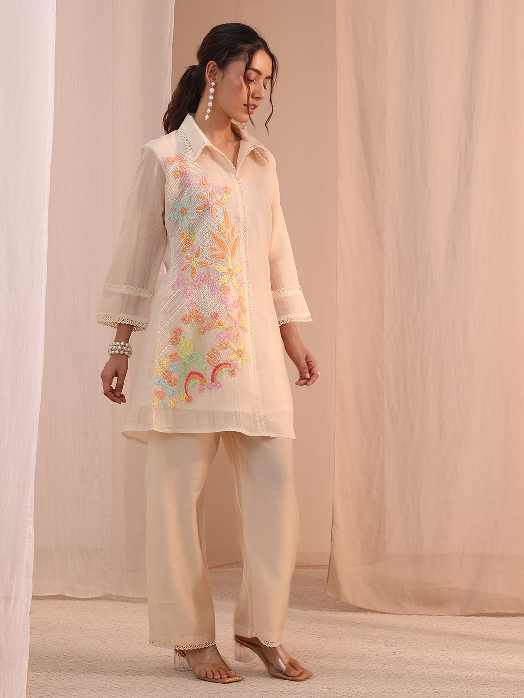 Anouk Off White Floral Embroidered Chanderi Cotton Co-Ord Set