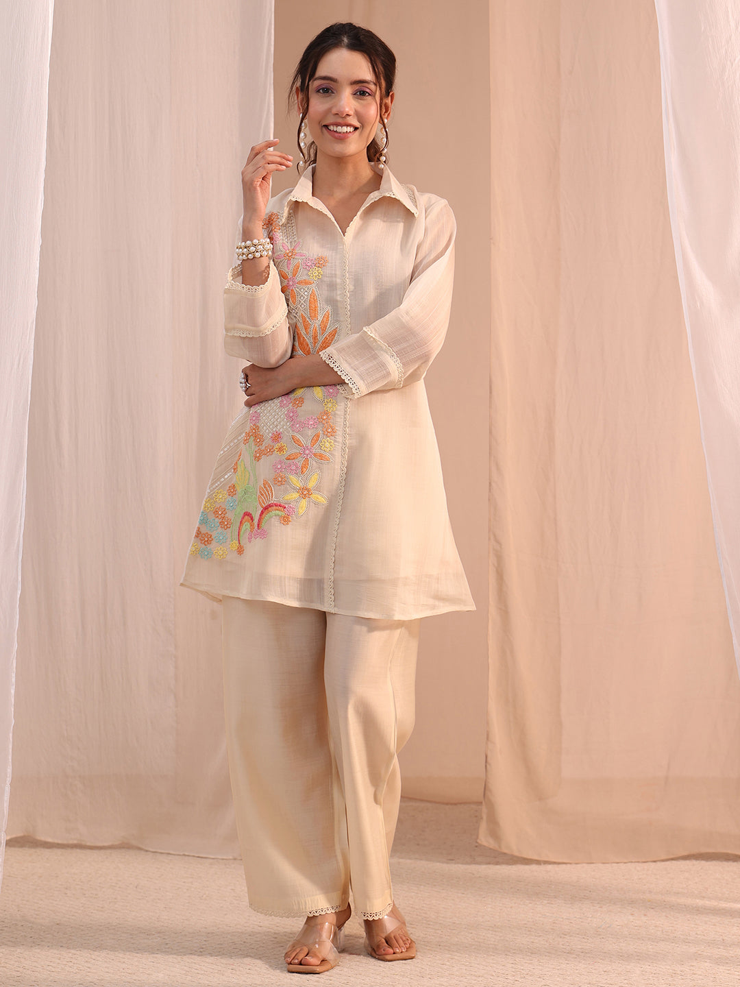 Anouk Off White Floral Embroidered Chanderi Cotton Co-Ord Set