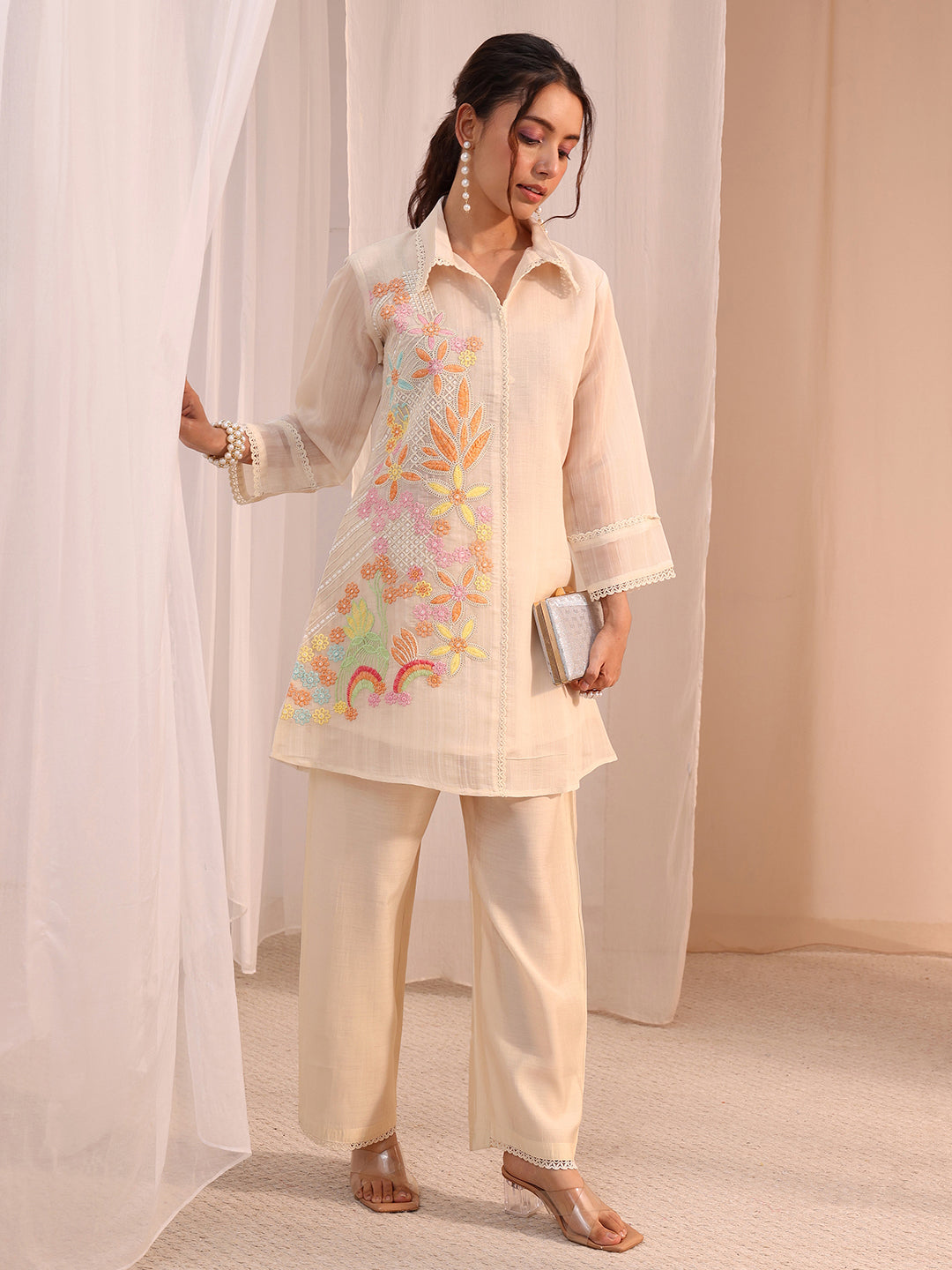 Anouk Off White Floral Embroidered Chanderi Cotton Co-Ord Set