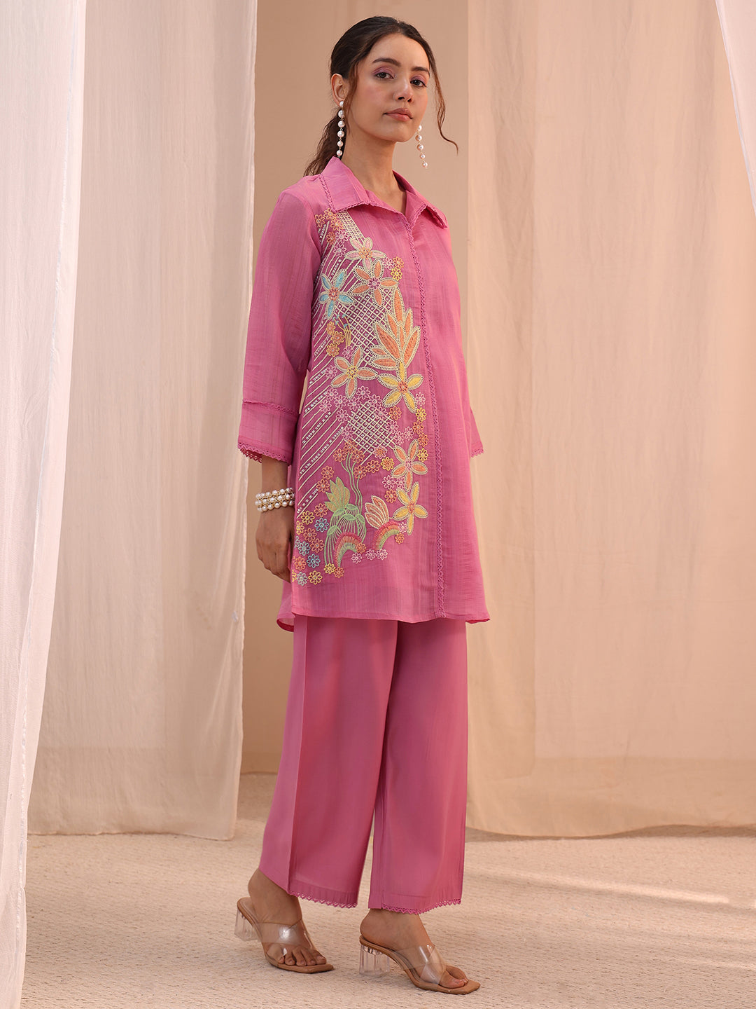 Anouk Pink Floral Embroidered Chanderi Cotton Co-Ord Set