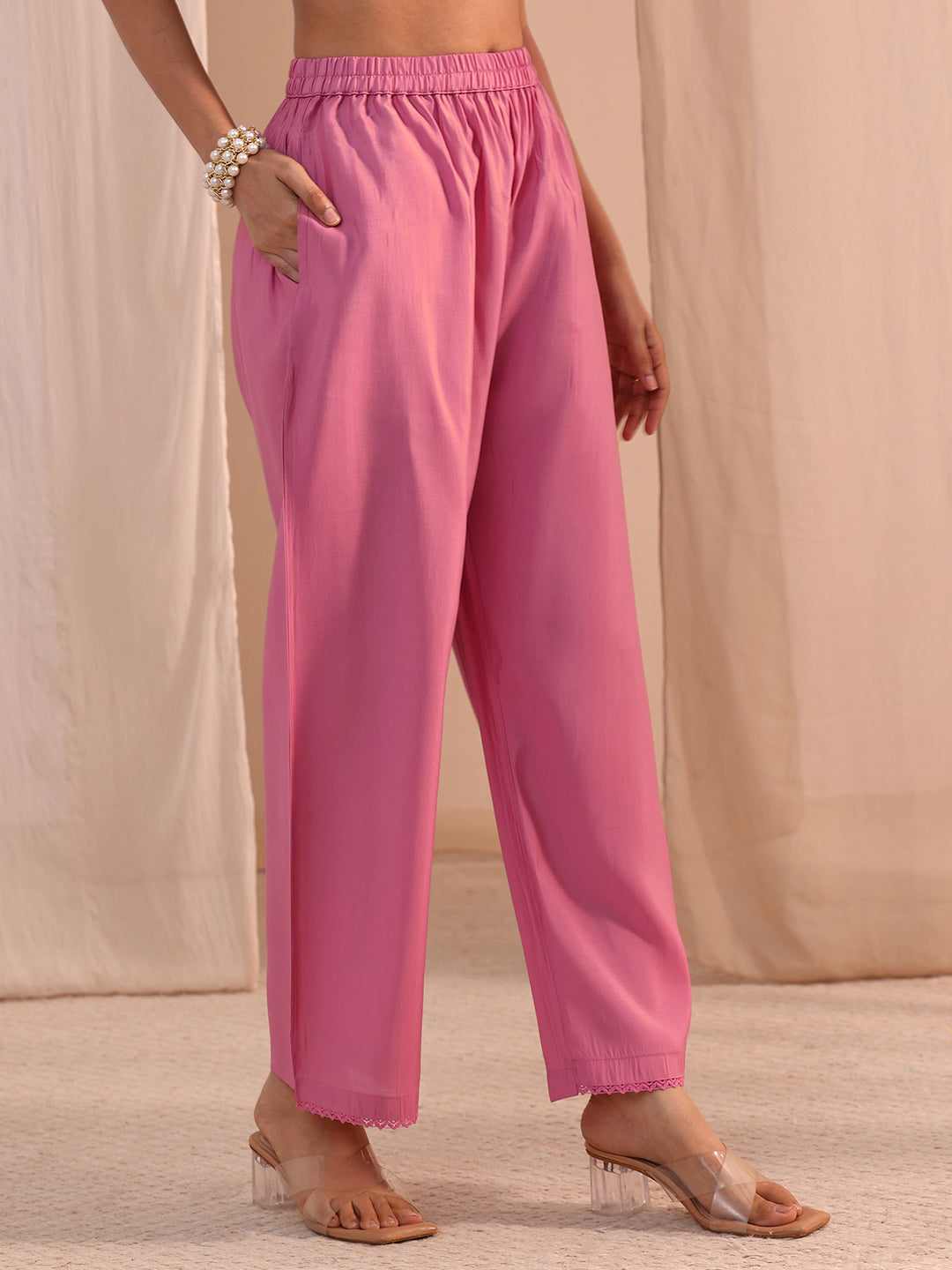 Anouk Pink Floral Embroidered Chanderi Cotton Co-Ord Set
