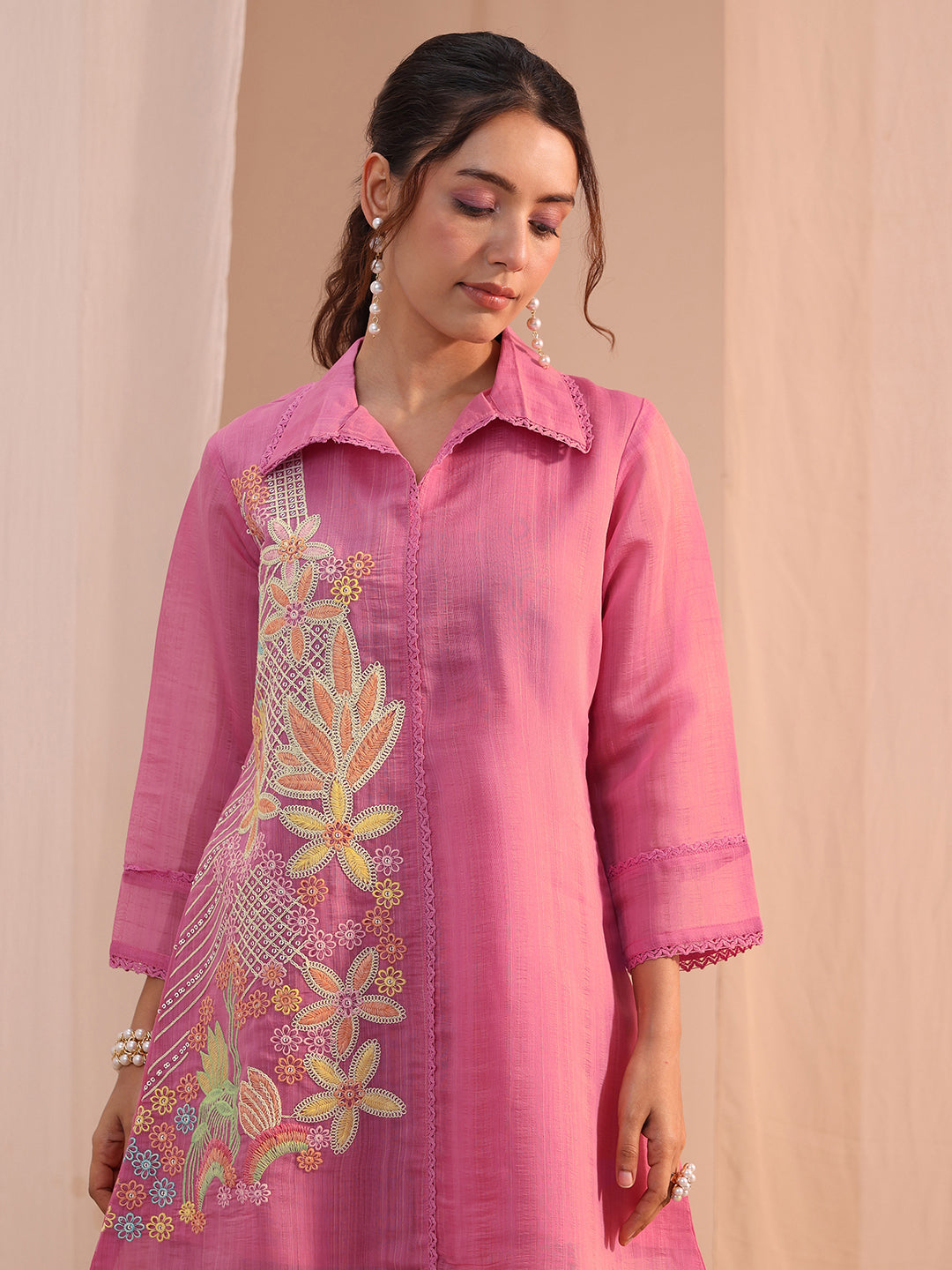 Anouk Pink Floral Embroidered Chanderi Cotton Co-Ord Set