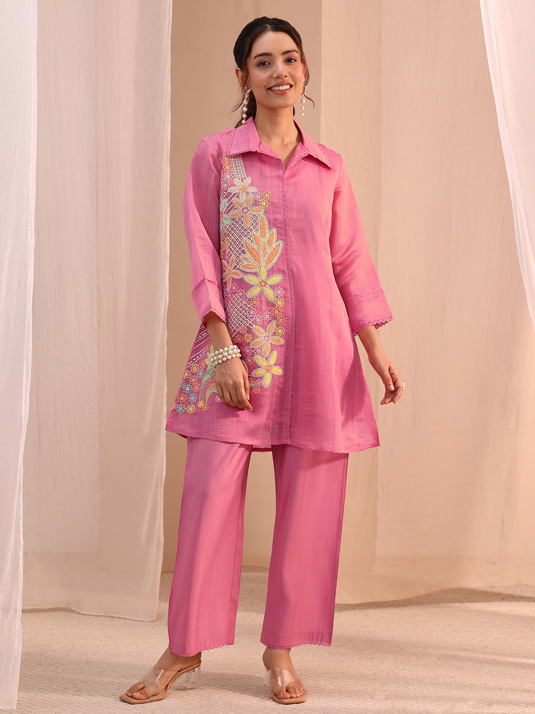 Anouk Pink Floral Embroidered Chanderi Cotton Co-Ord Set