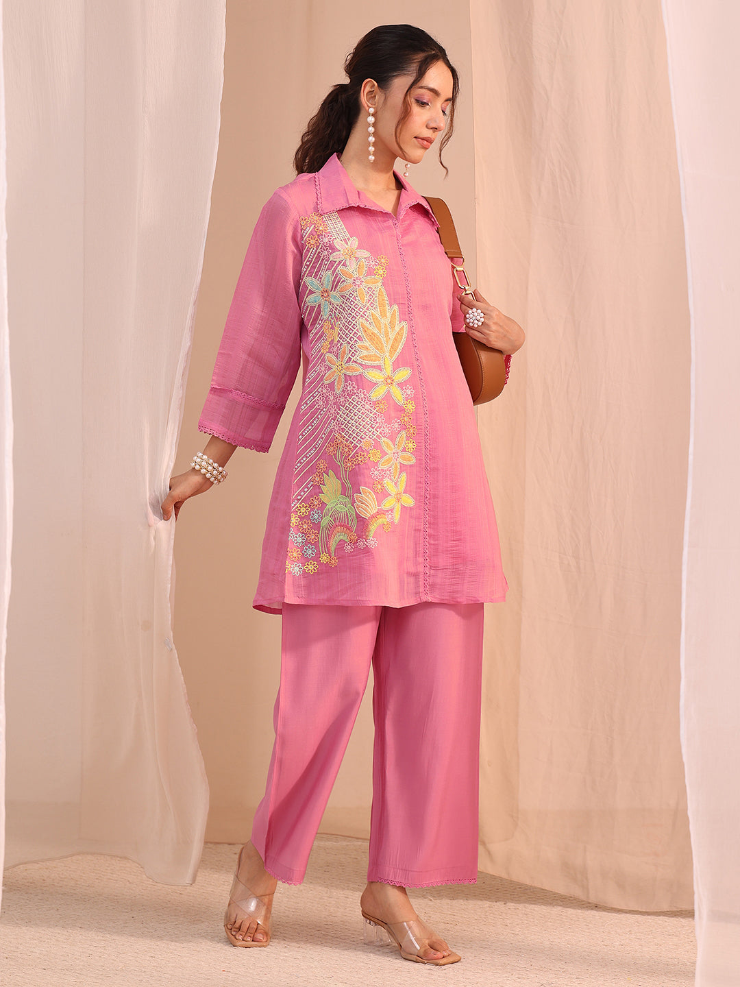 Anouk Pink Floral Embroidered Chanderi Cotton Co-Ord Set