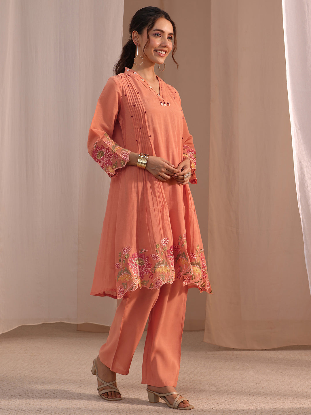 Anouk Peach Floral Embroidered Chanderi Cotton Co-Ord Set