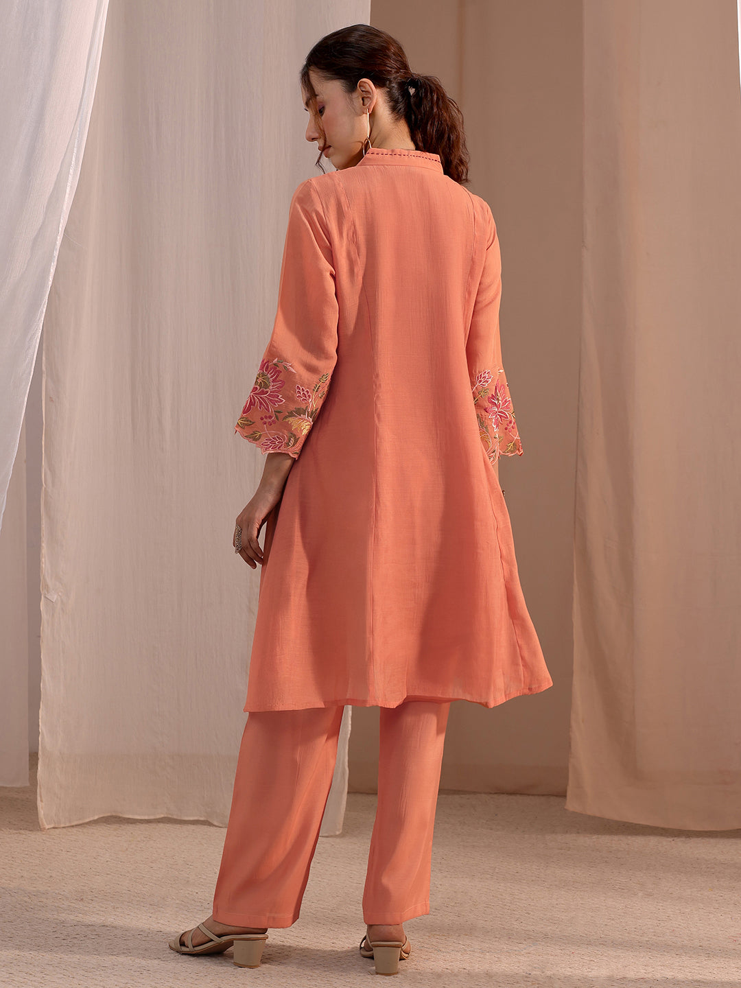Anouk Peach Floral Embroidered Chanderi Cotton Co-Ord Set