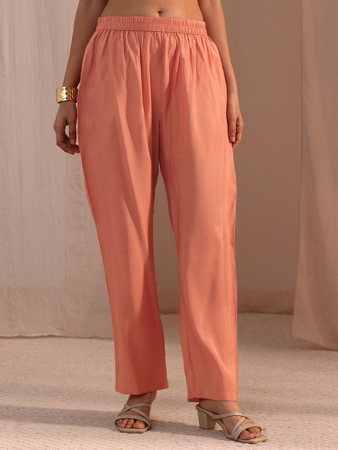 Anouk Peach Floral Embroidered Chanderi Cotton Co-Ord Set