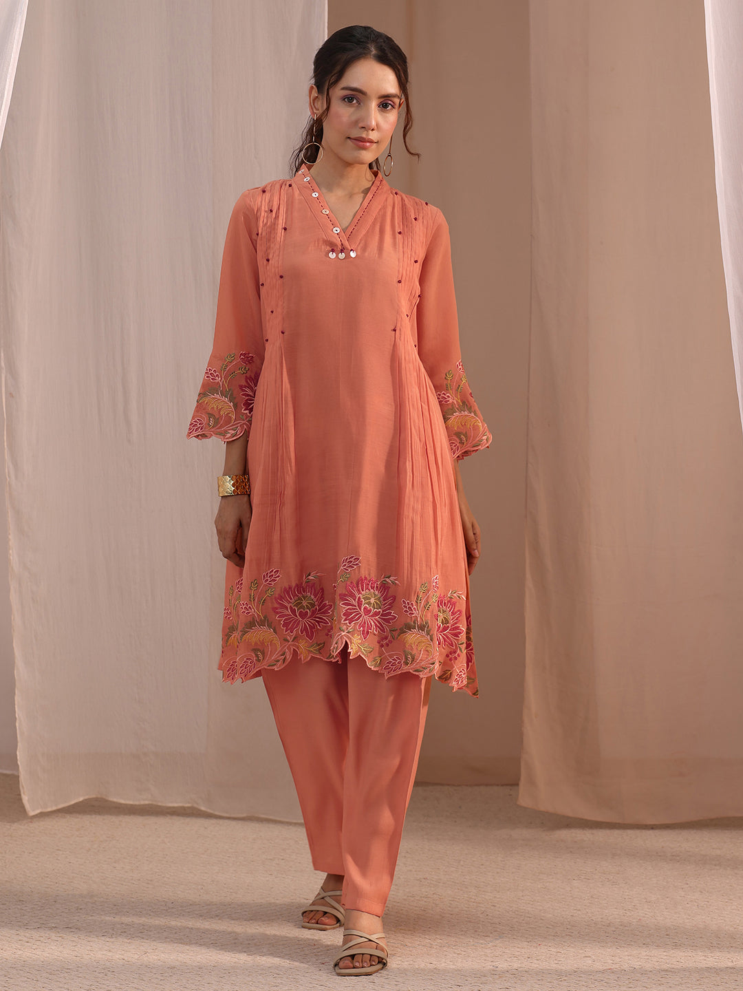 Anouk Peach Floral Embroidered Chanderi Cotton Co-Ord Set