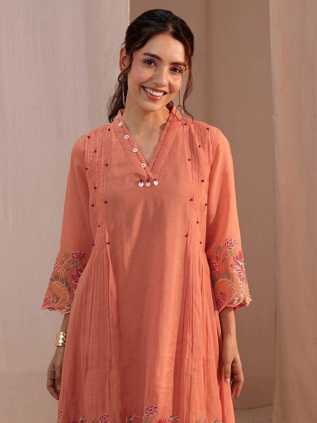 Anouk Peach Floral Embroidered Chanderi Cotton Co-Ord Set