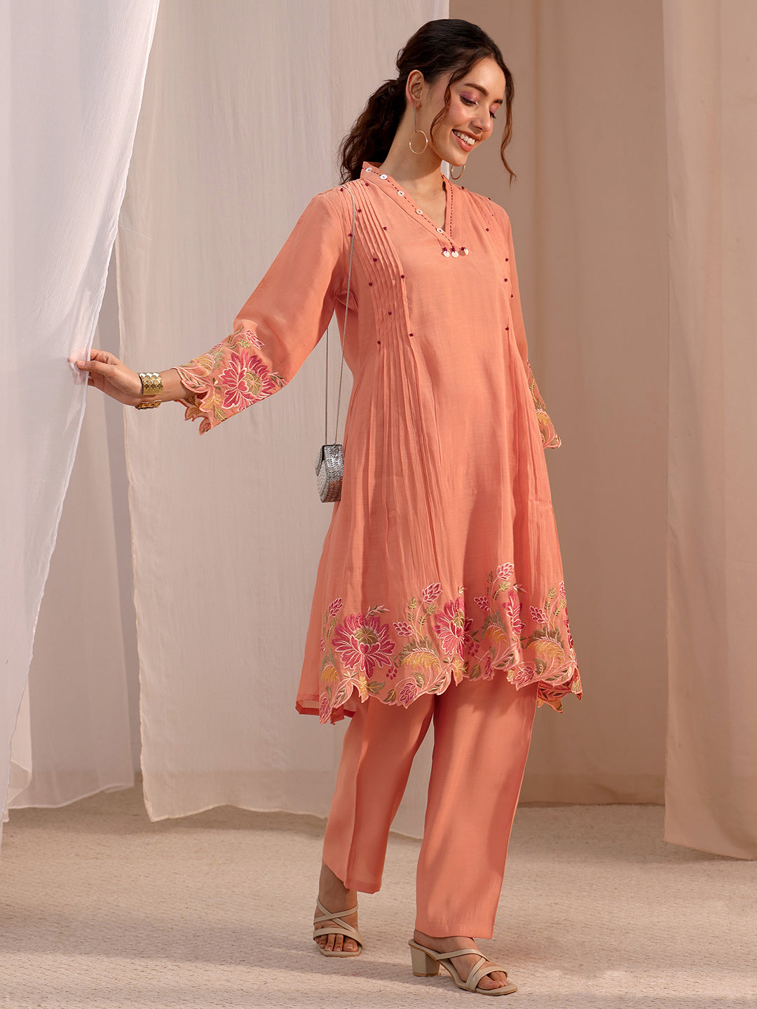 Anouk Peach Floral Embroidered Chanderi Cotton Co-Ord Set