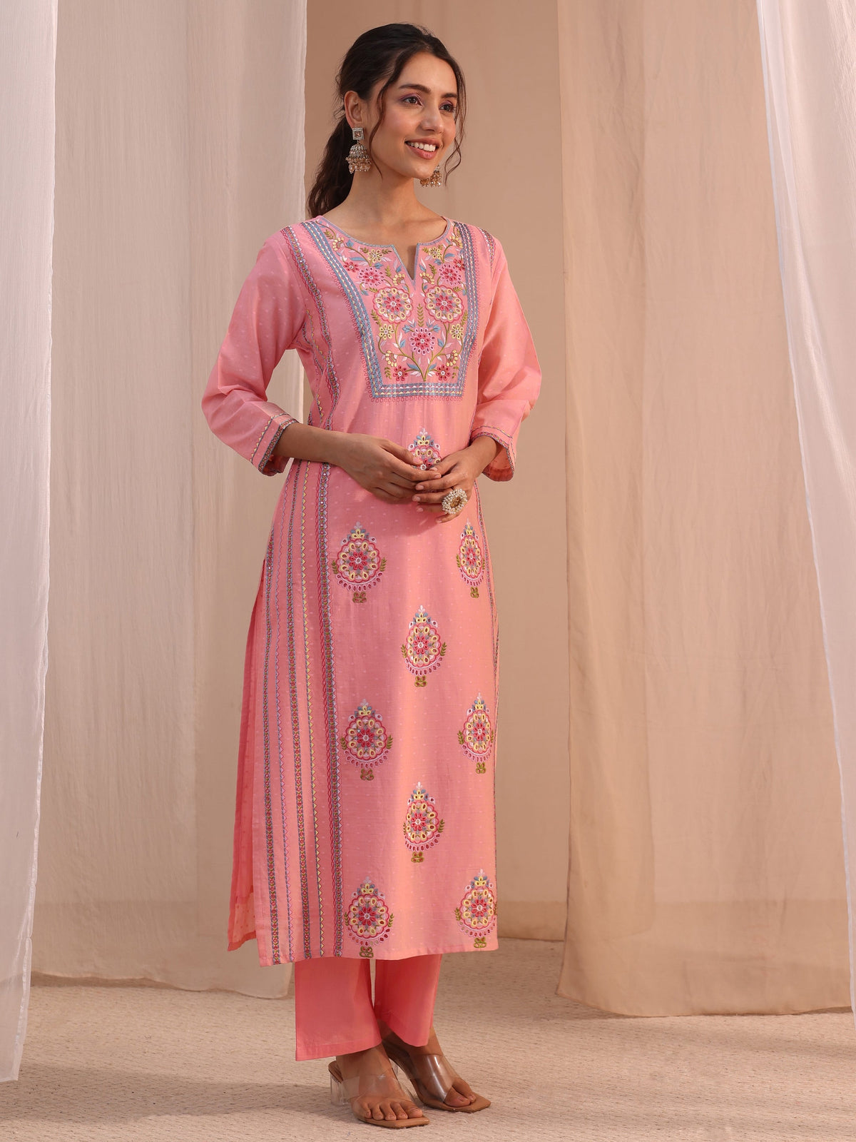 Anouk Peach Floral Embroidered Cotton Blend Straight Suit Set