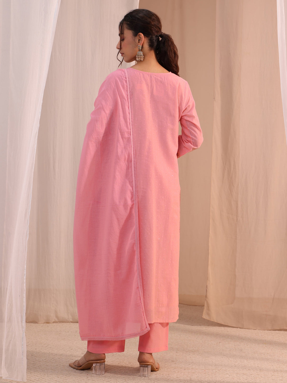 Anouk Peach Floral Embroidered Cotton Blend Straight Suit Set