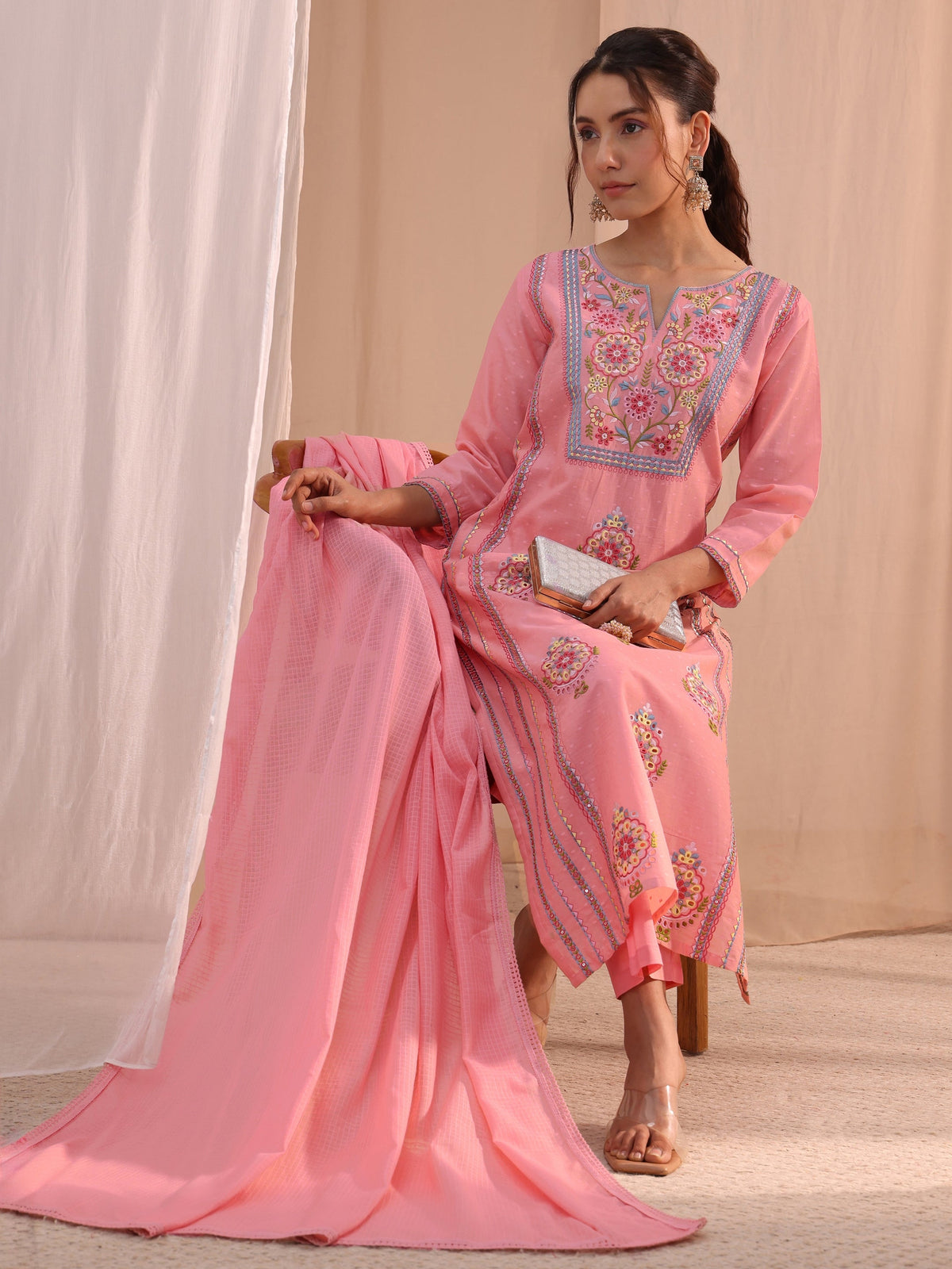 Anouk Peach Floral Embroidered Cotton Blend Straight Suit Set