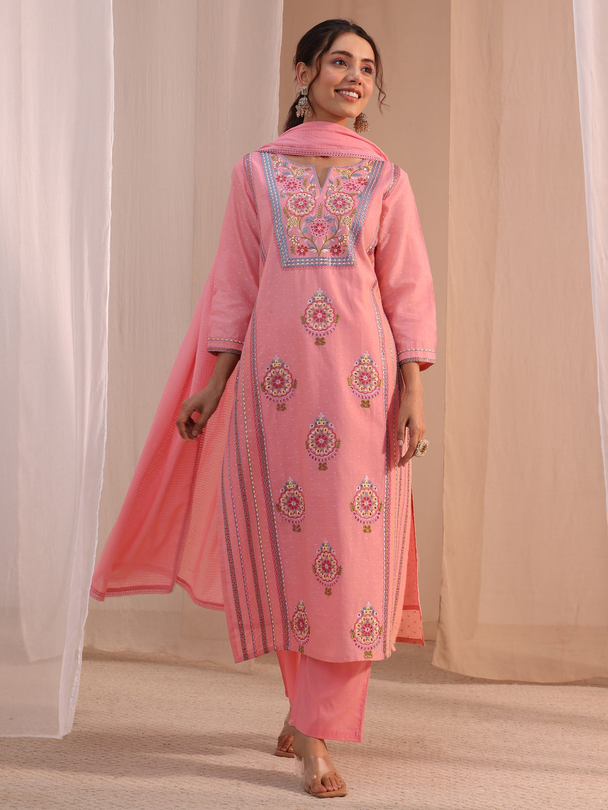 Anouk Peach Floral Embroidered Cotton Blend Straight Suit Set