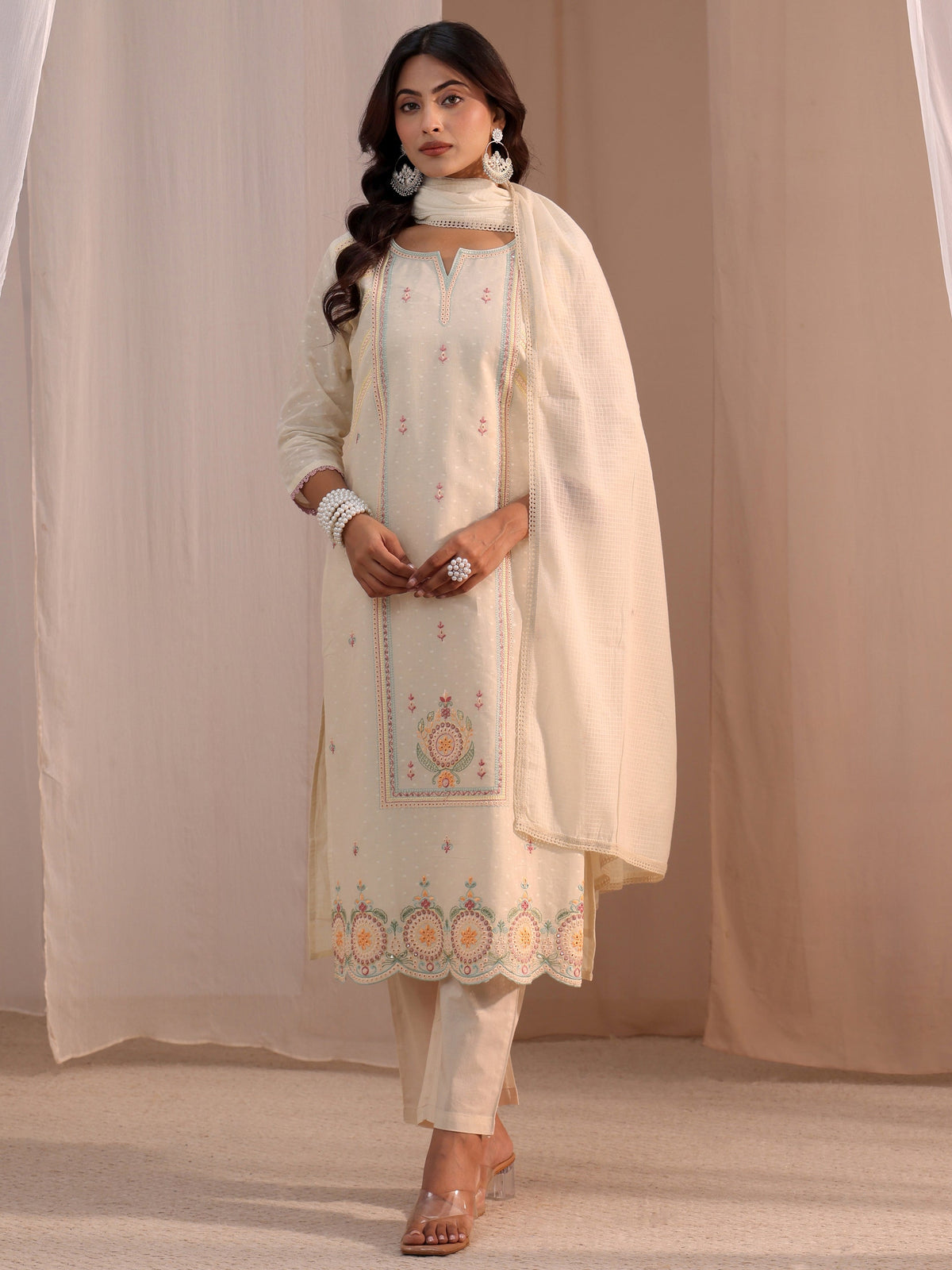 Anouk Off White Embroidered Cotton Blend Straight Suit Set
