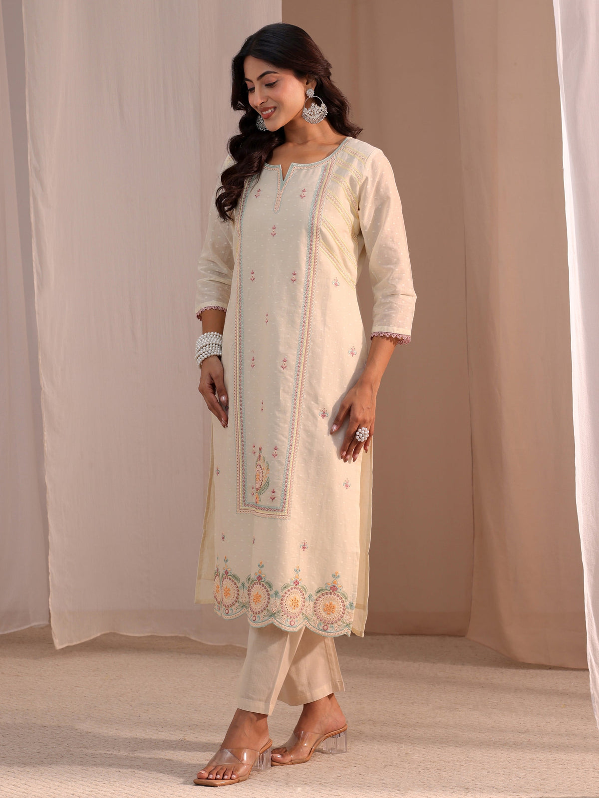 Anouk Off White Embroidered Cotton Blend Straight Suit Set