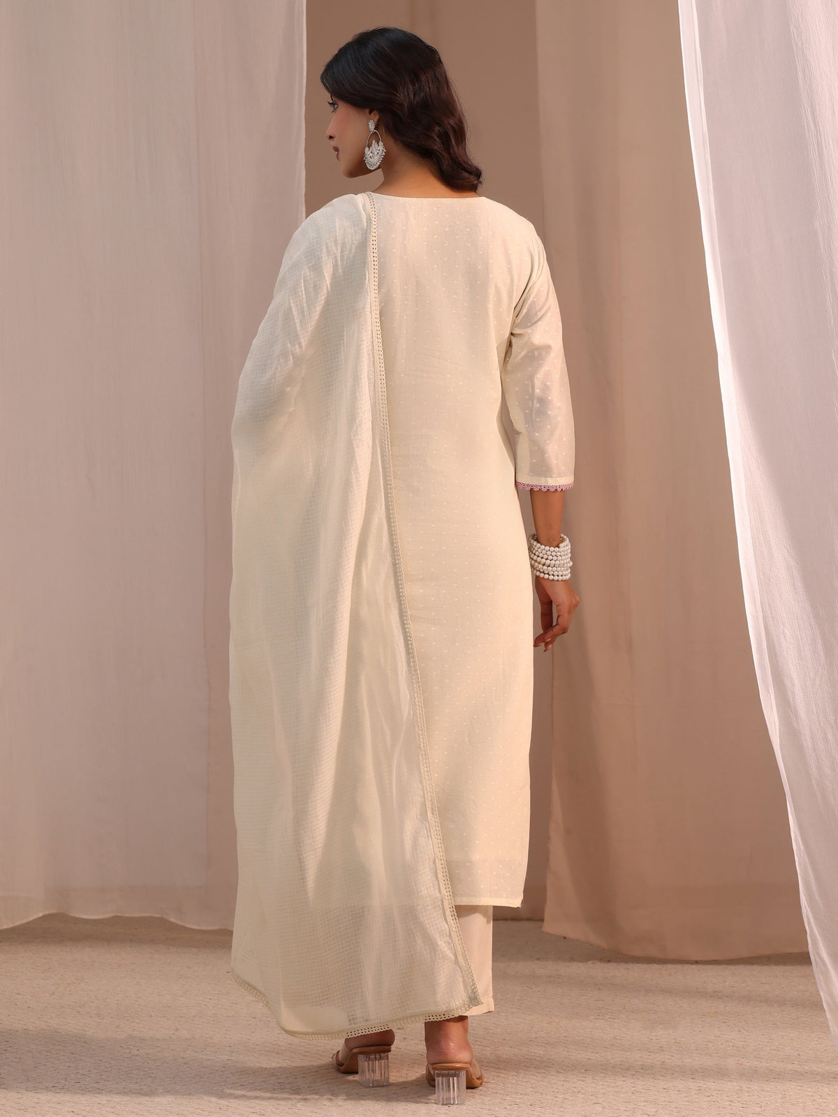 Anouk Off White Embroidered Cotton Blend Straight Suit Set