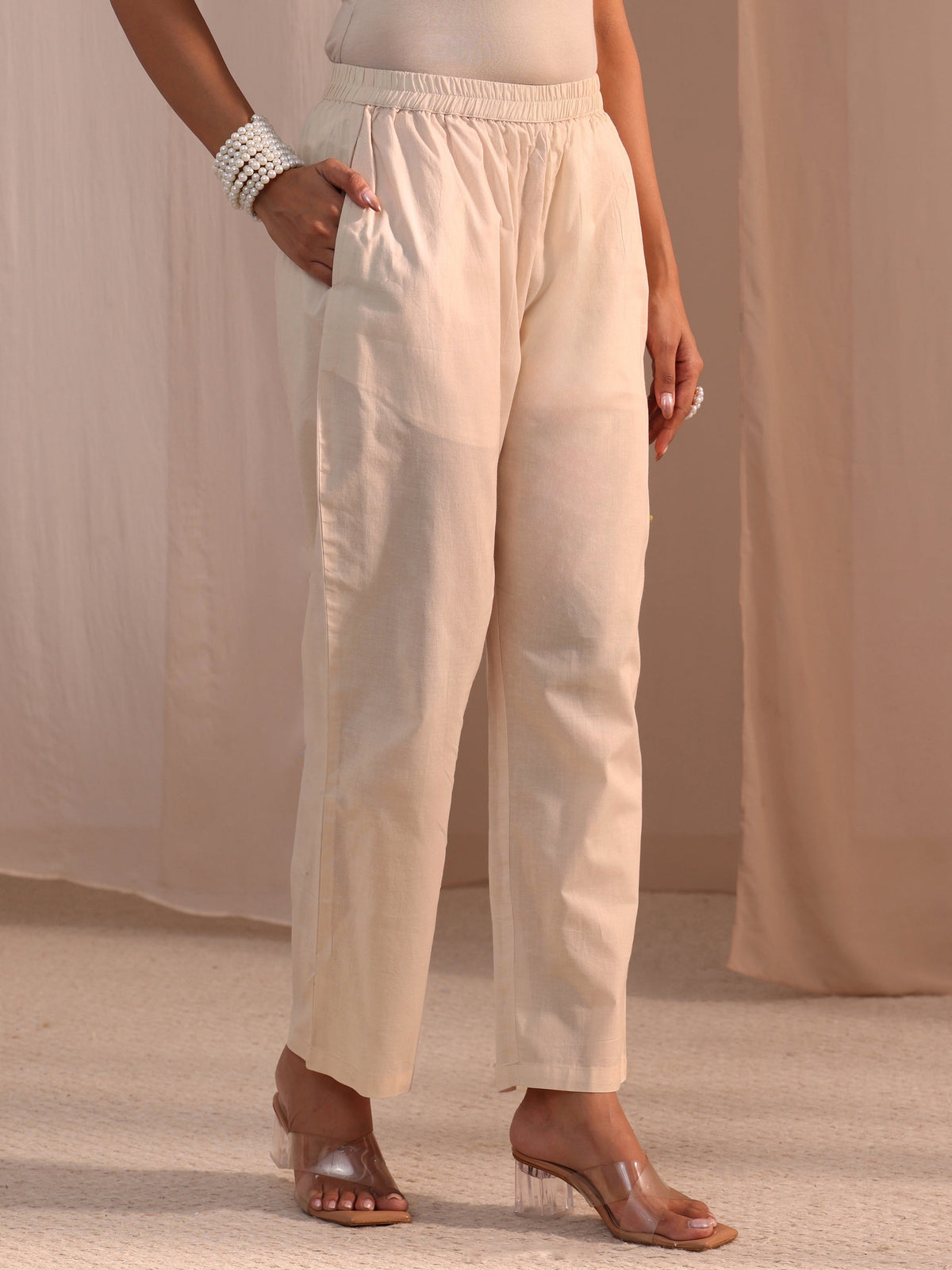 Anouk Off White Embroidered Cotton Blend Straight Suit Set