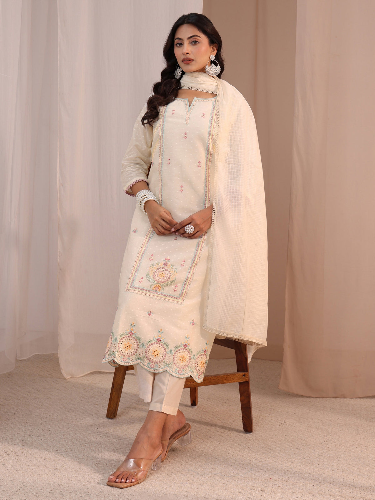 Anouk Off White Embroidered Cotton Blend Straight Suit Set