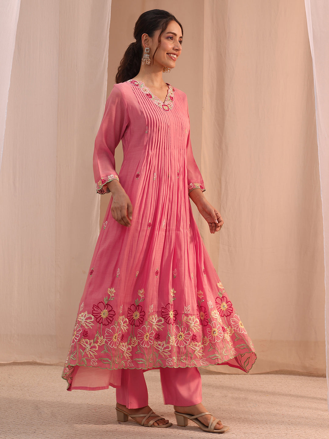 Anouk Pink Floral Embroidered Chanderi Cotton A-Line Suit Set