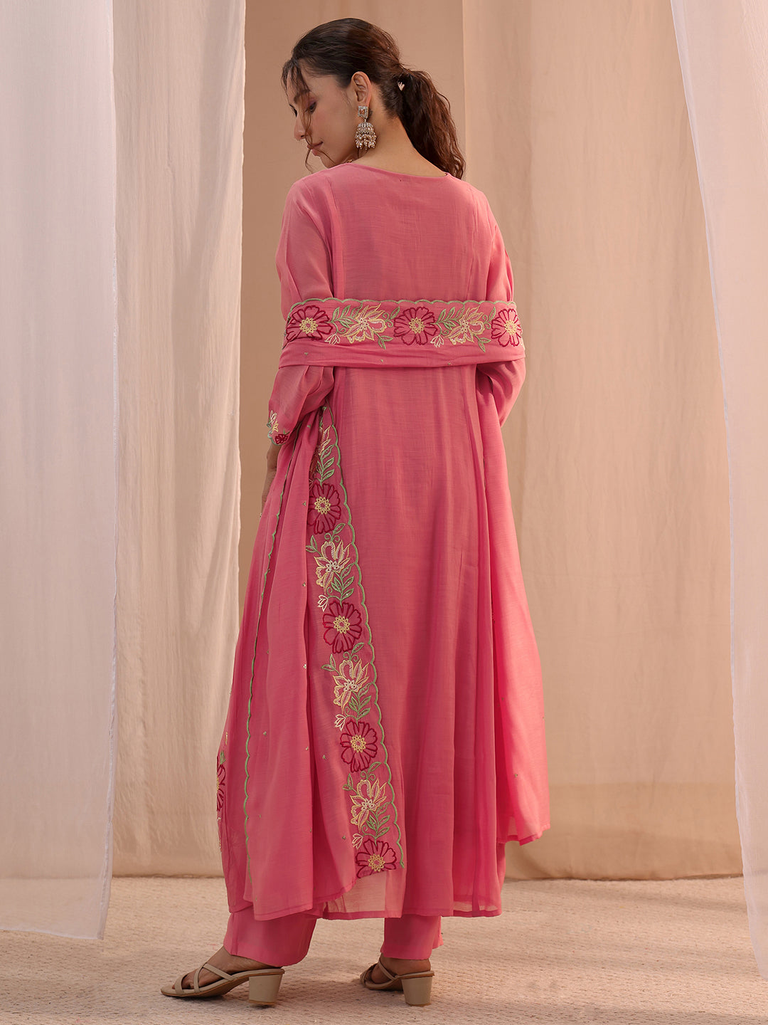 Anouk Pink Floral Embroidered Chanderi Cotton A-Line Suit Set