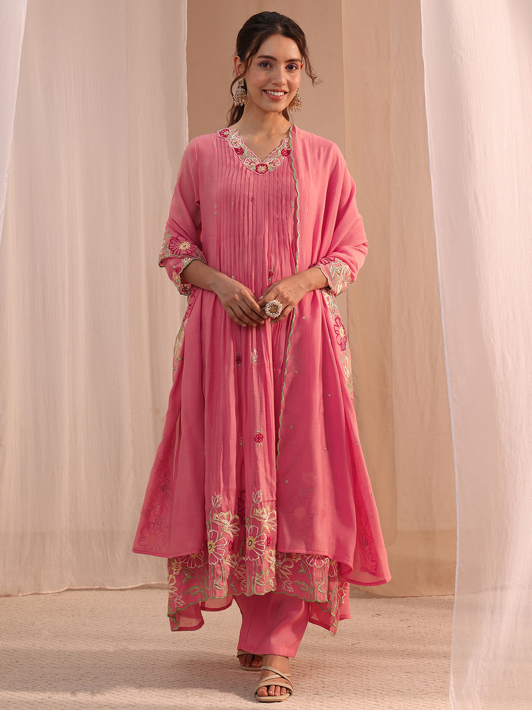Anouk Pink Floral Embroidered Chanderi Cotton A-Line Suit Set