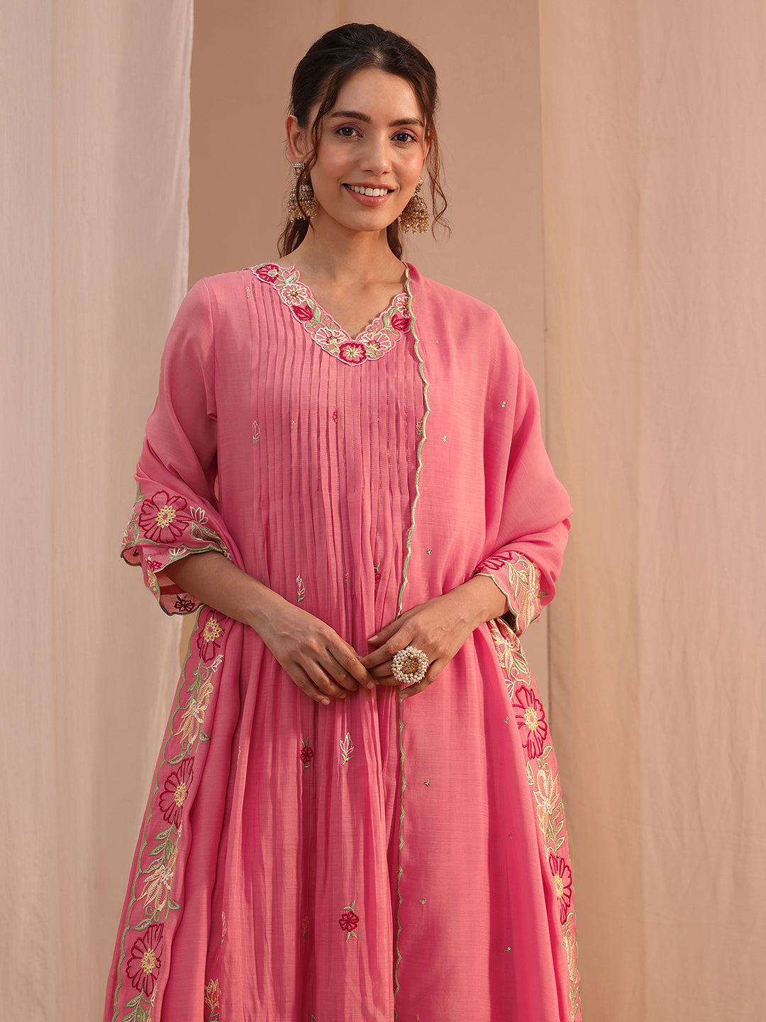 Anouk Pink Floral Embroidered Chanderi Cotton A-Line Suit Set