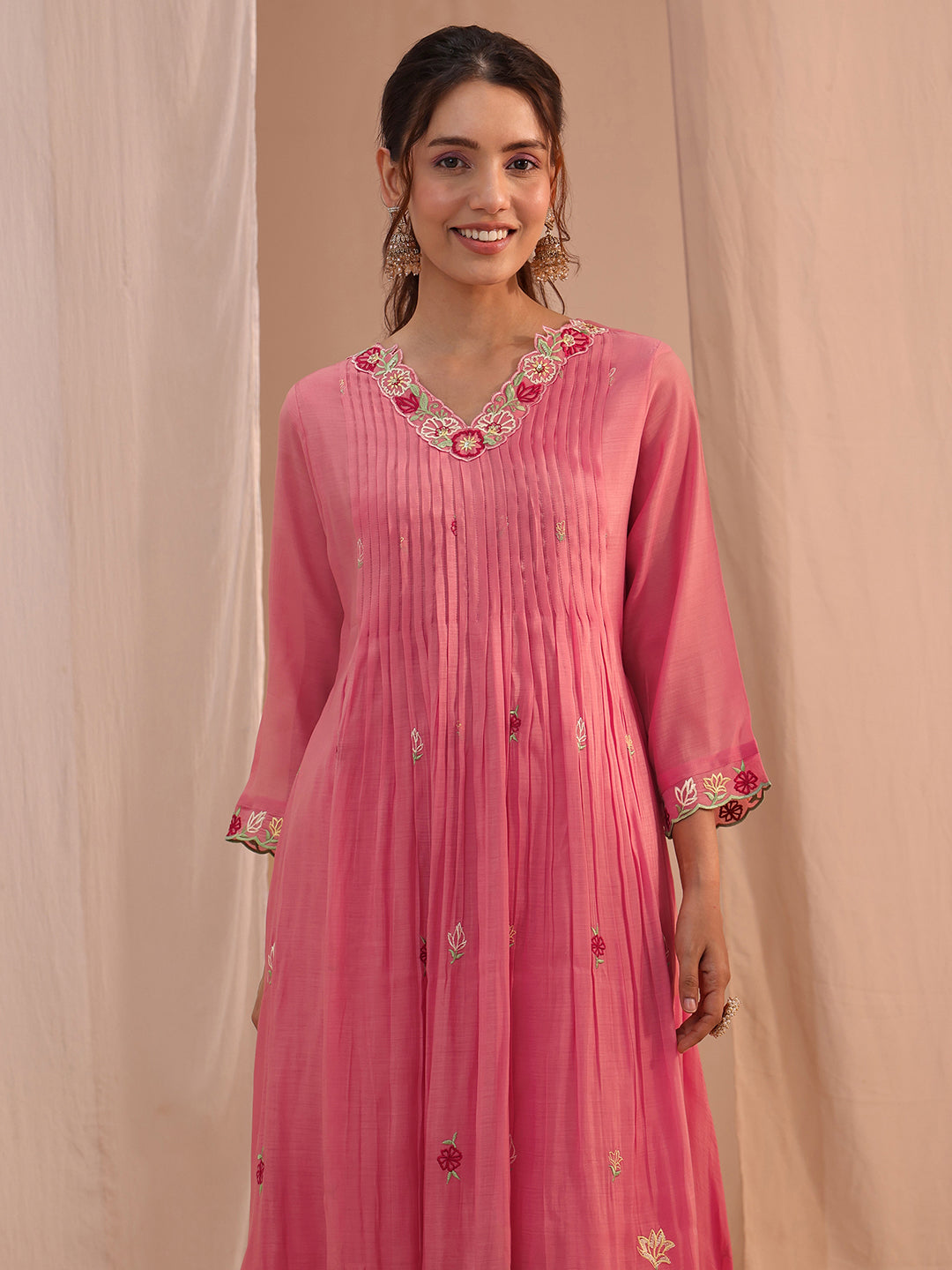Anouk Pink Floral Embroidered Chanderi Cotton A-Line Suit Set