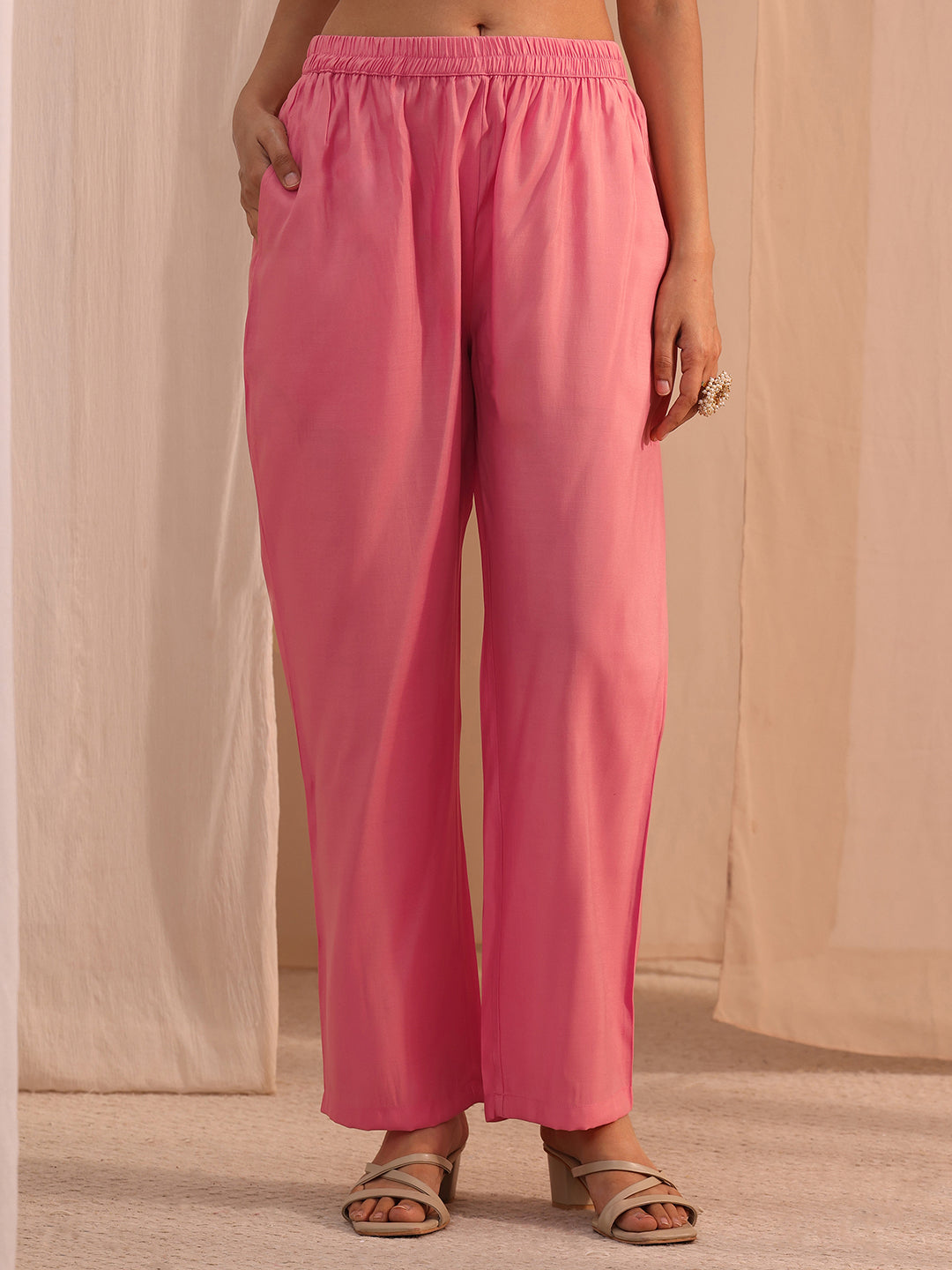 Anouk Pink Floral Embroidered Chanderi Cotton A-Line Suit Set