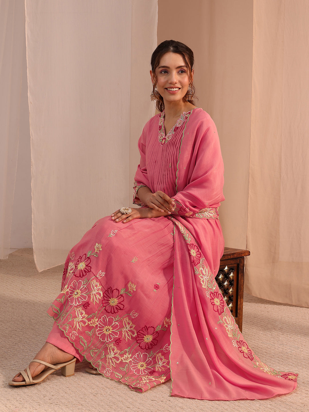 Anouk Pink Floral Embroidered Chanderi Cotton A-Line Suit Set