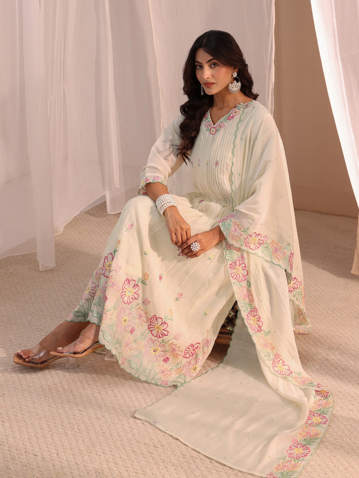 Anouk White Floral Embroidered Chanderi Cotton Anarkali Suit Set