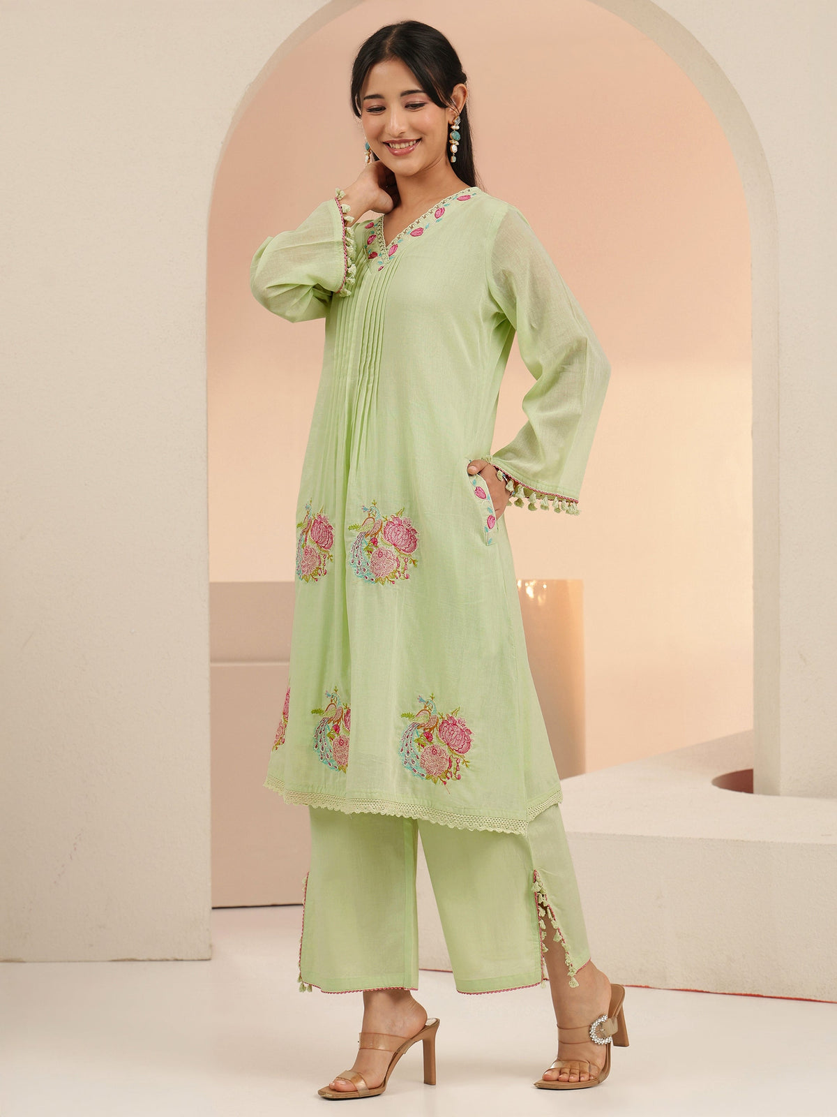 Anouk Mint Green Peacock Motif Cotton A-Line Kurta Set