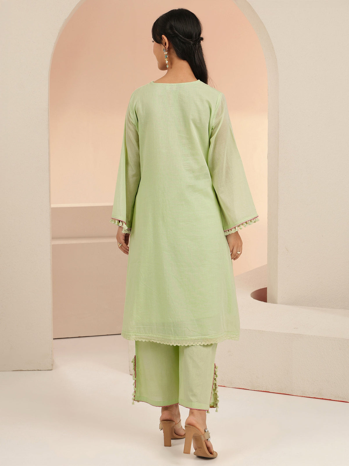 Anouk Mint Green Peacock Motif Cotton A-Line Kurta Set