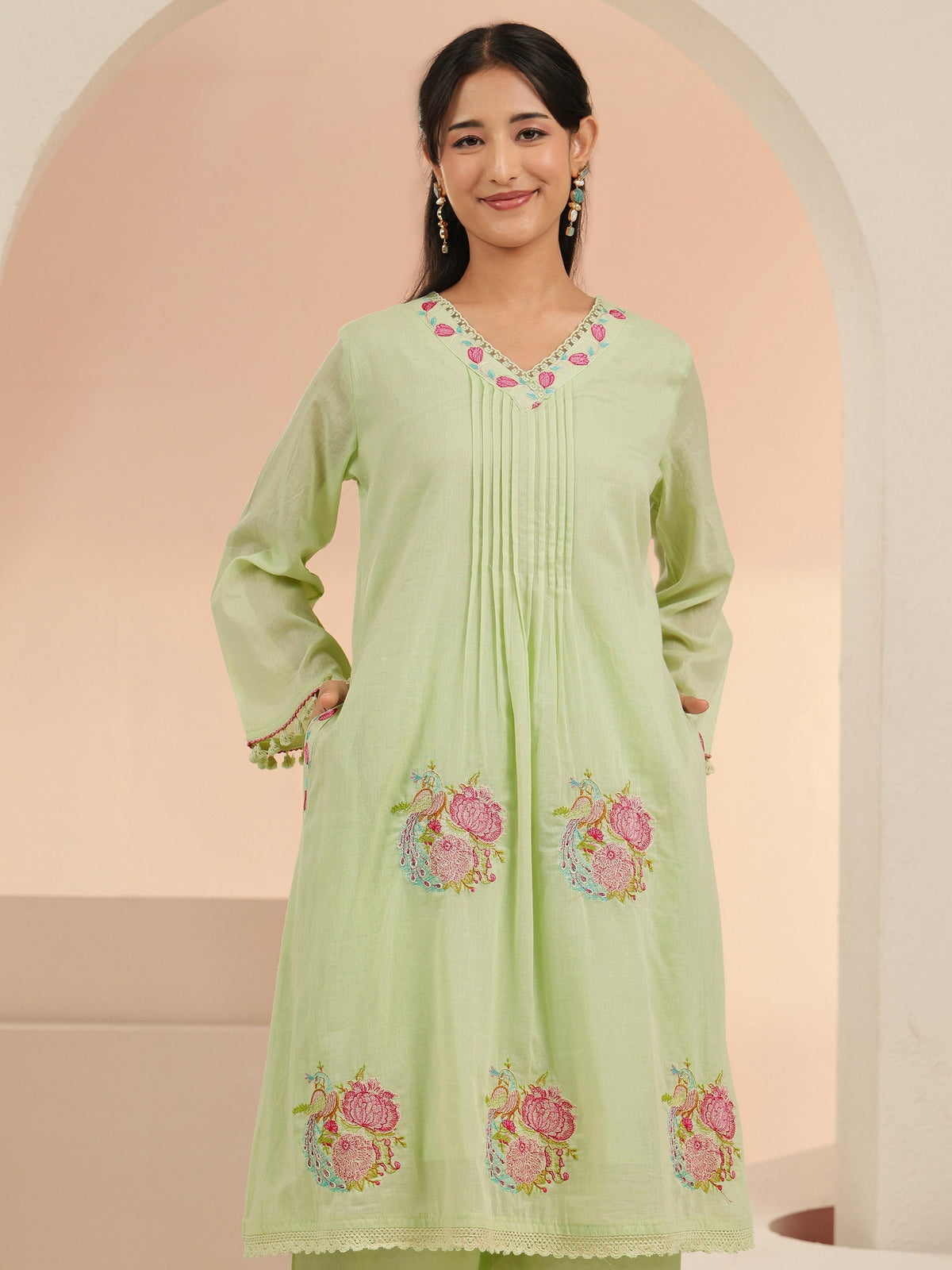Anouk Mint Green Peacock Motif Cotton A-Line Kurta Set