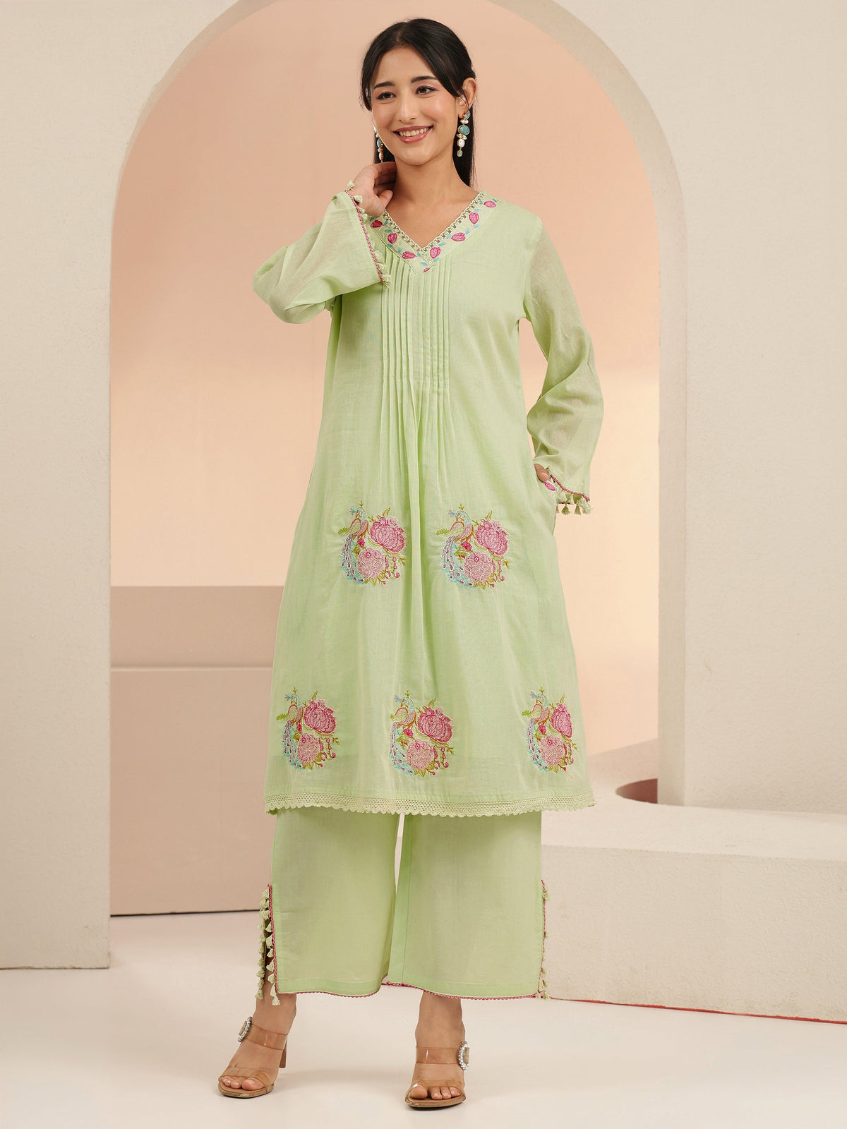 Anouk Mint Green Peacock Motif Cotton A-Line Kurta Set