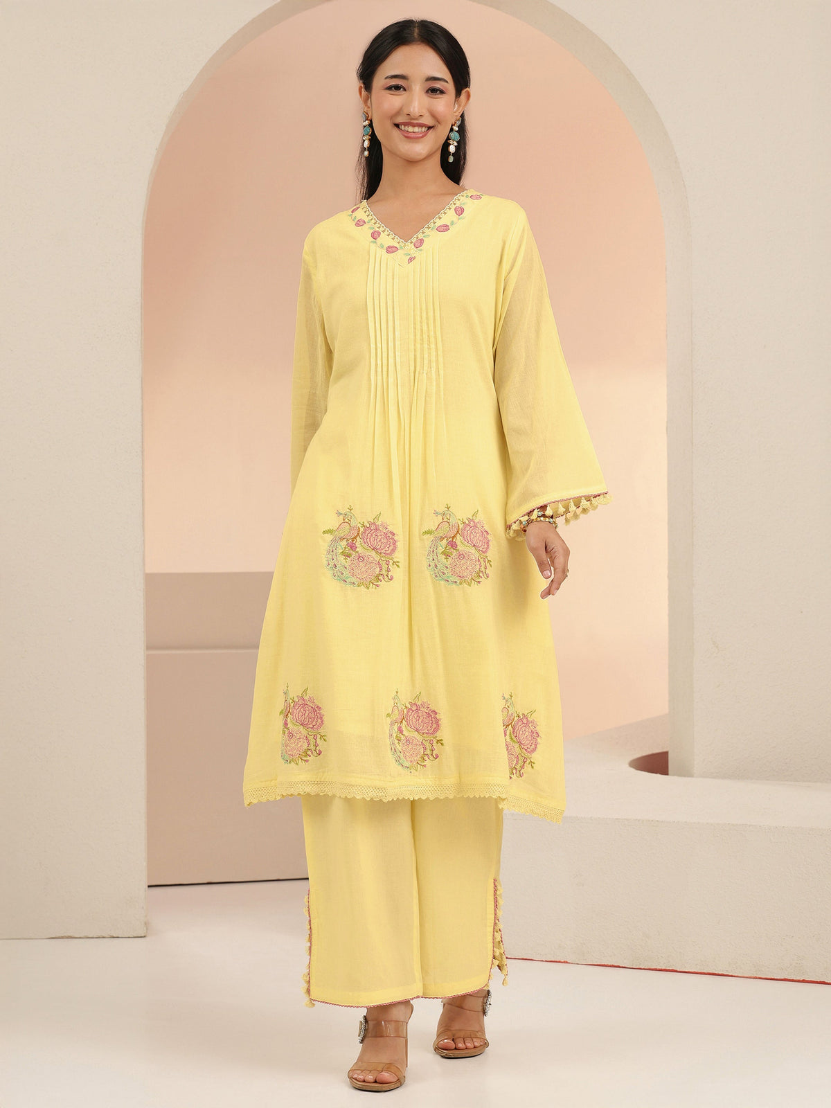 Anouk Off White Peacock Motif Cotton A-Line Kurta Set